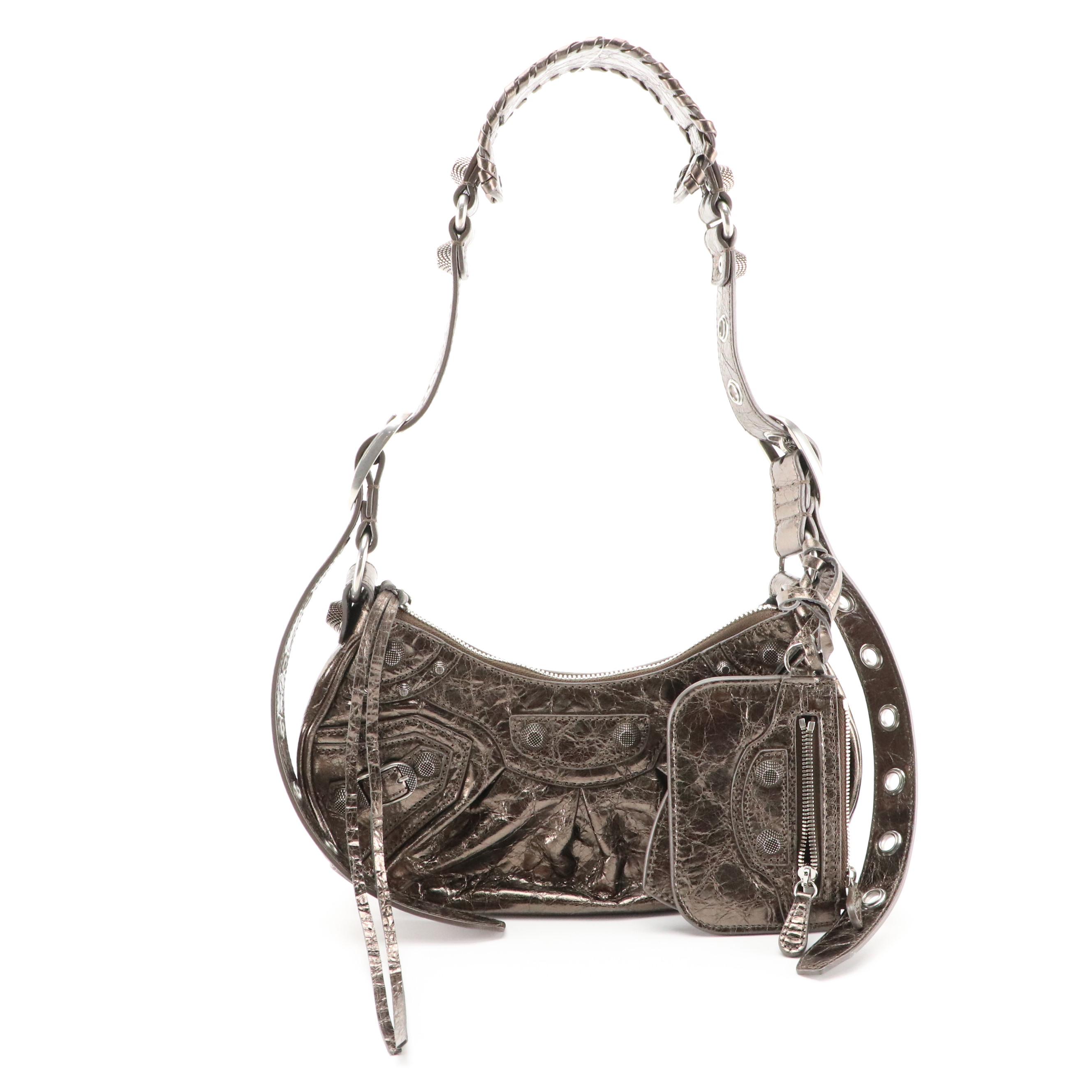 Balenciaga Crinkle Metallic Leather Cagole XS Stud Hobo Shoulder Bag