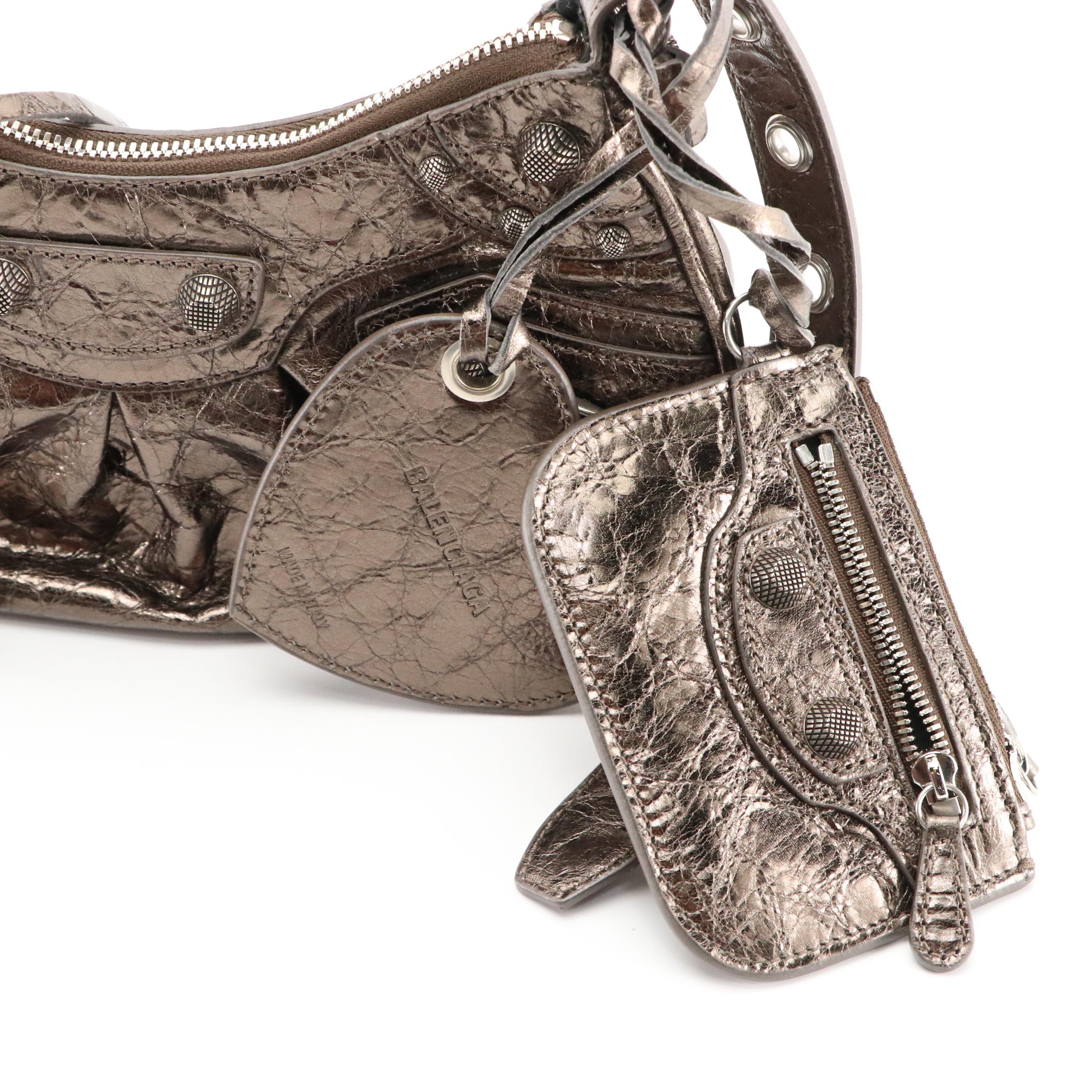 Balenciaga Crinkle Metallic Leather Cagole XS Stud Hobo Shoulder Bag