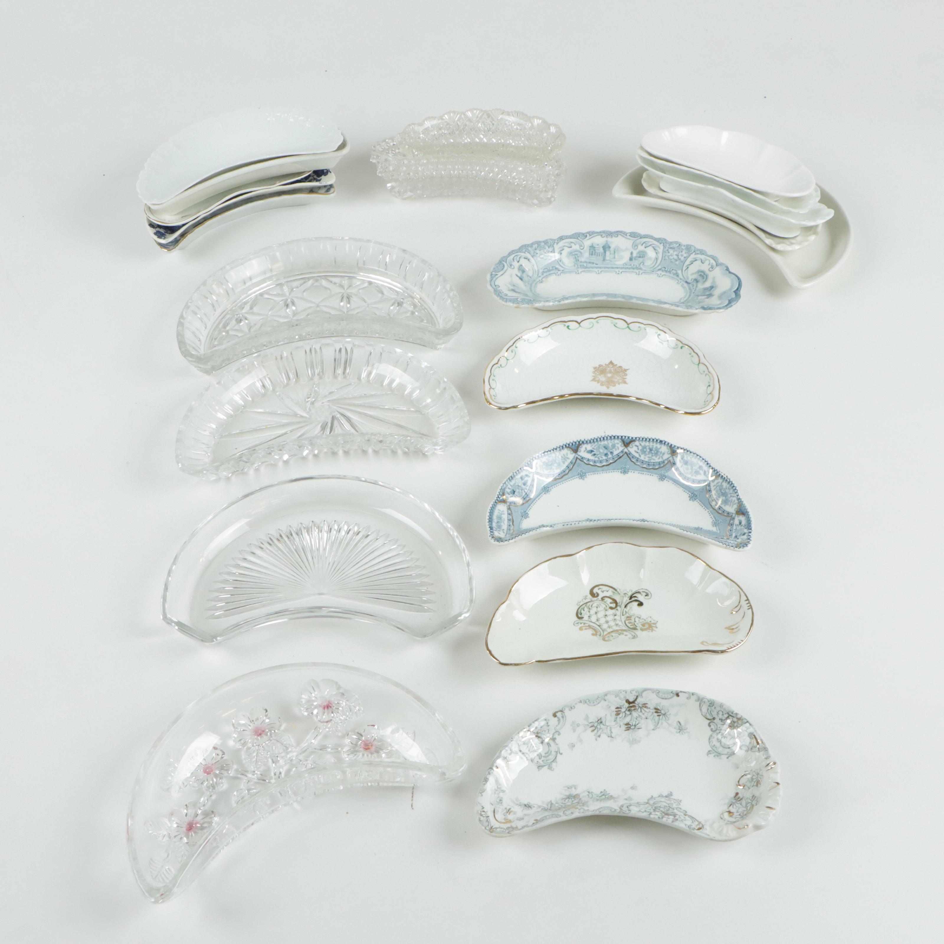 Porcelain and Glass Bone Dishes and Crescent Salad Dishes