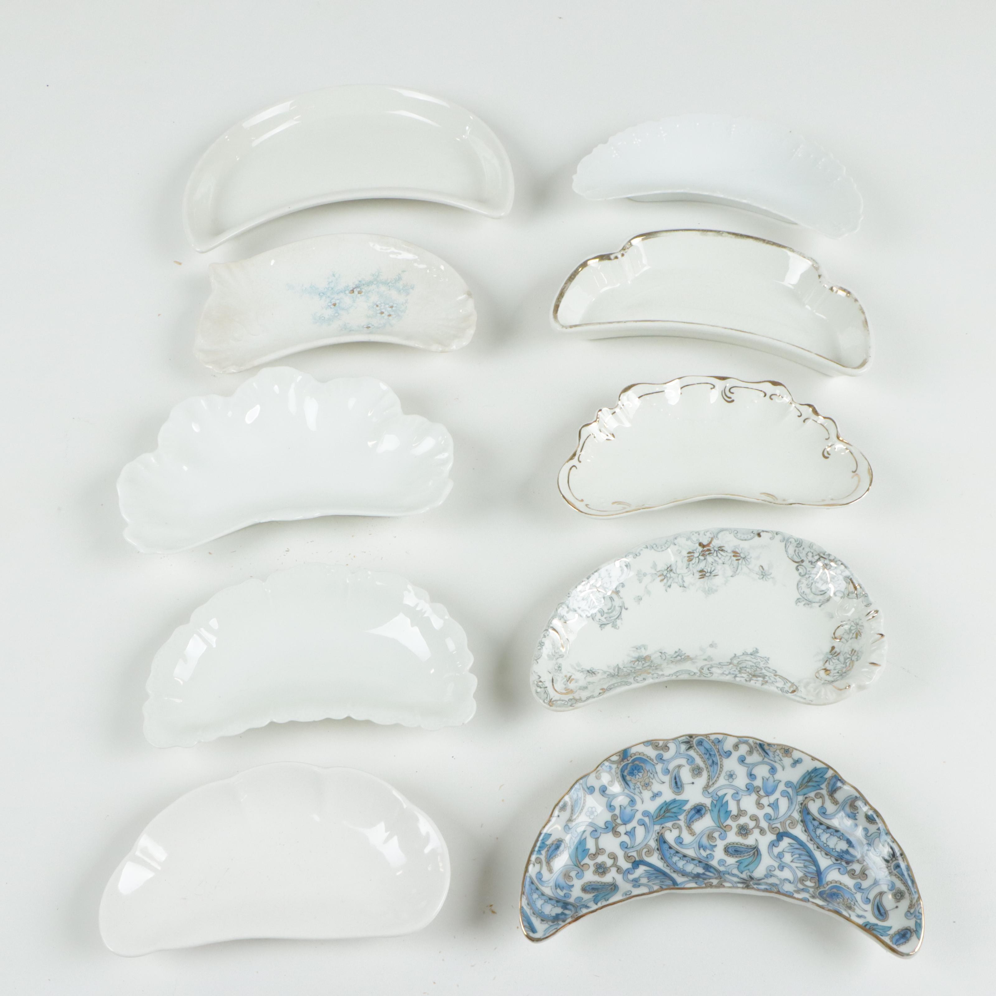 Porcelain and Glass Bone Dishes and Crescent Salad Dishes