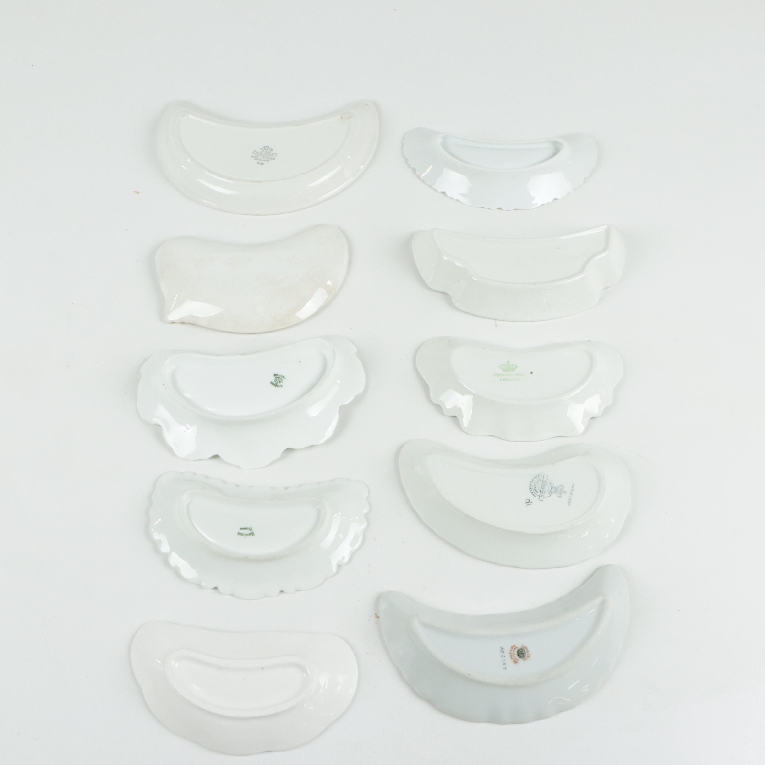Porcelain and Glass Bone Dishes and Crescent Salad Dishes