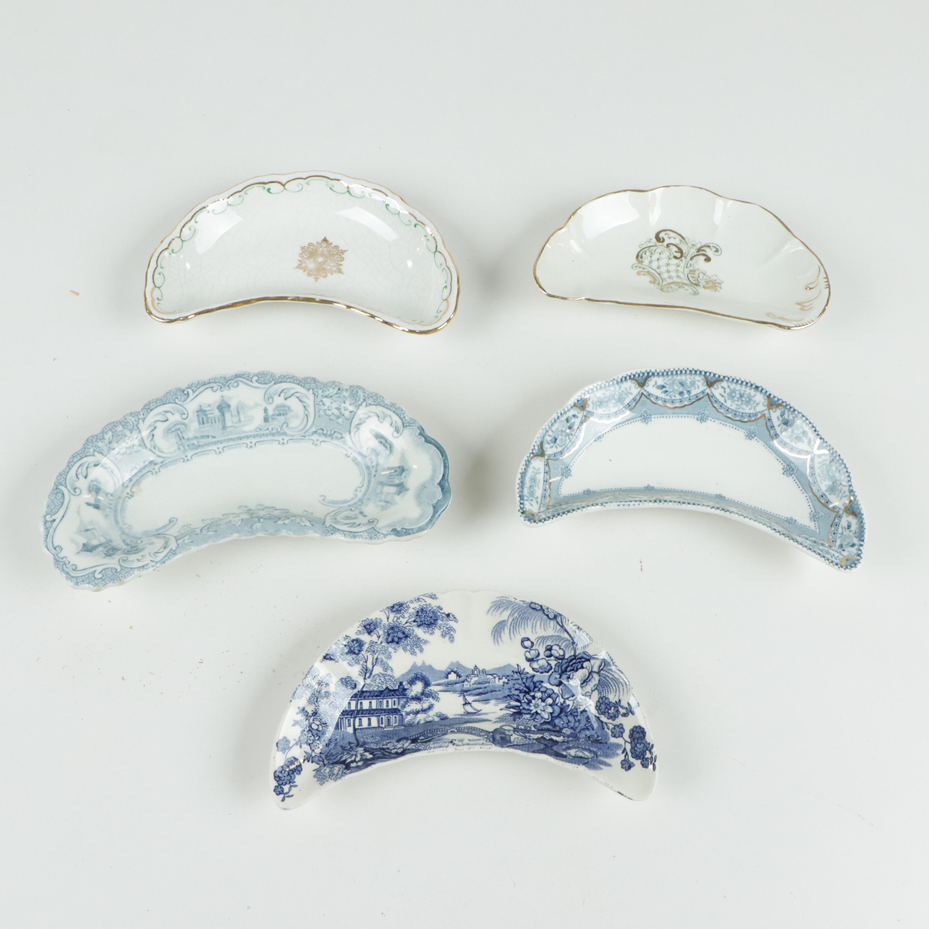 Porcelain and Glass Bone Dishes and Crescent Salad Dishes