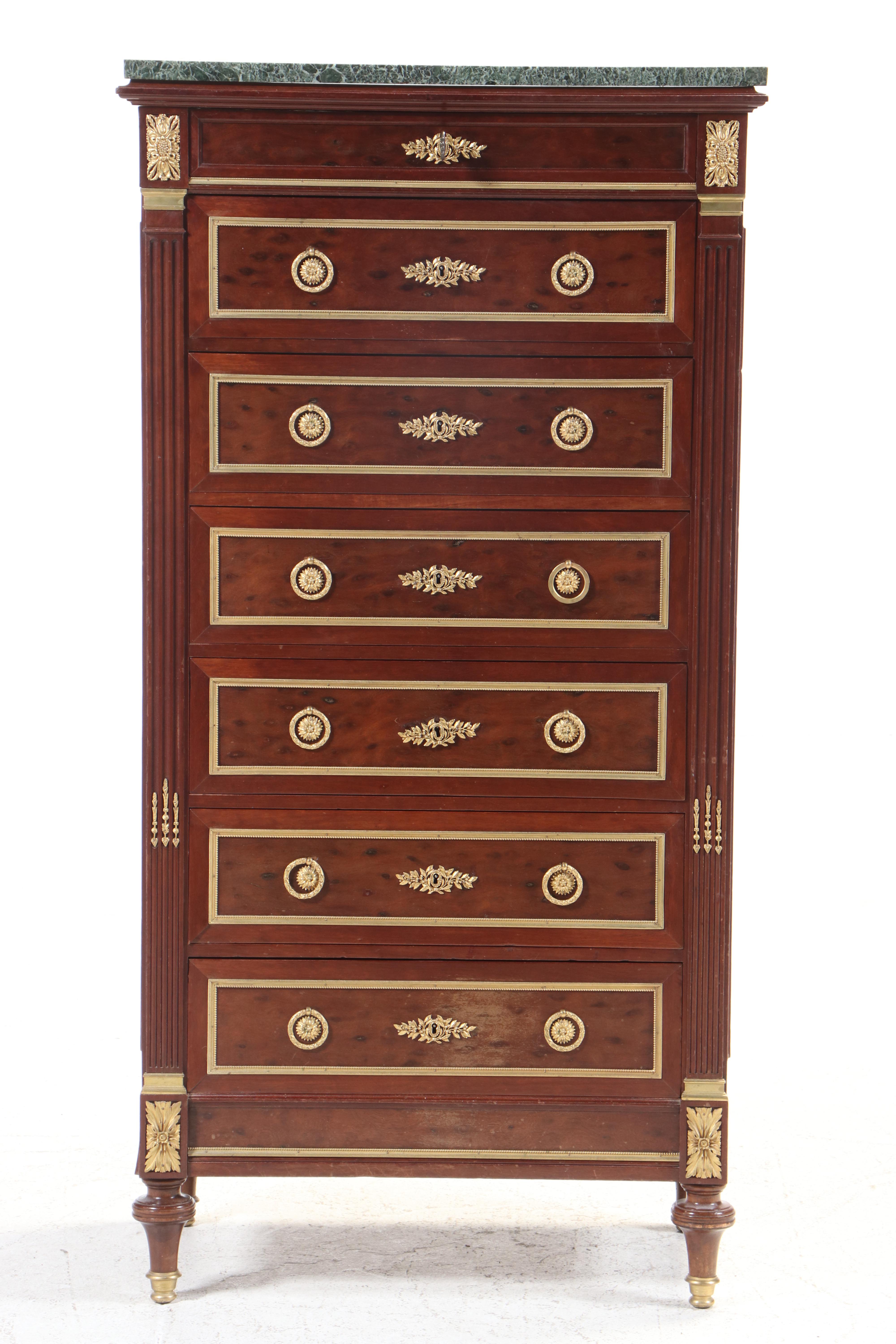 Louis XVI Style Gilt Metal-Mounted Hardwood and Green Marble Semanier