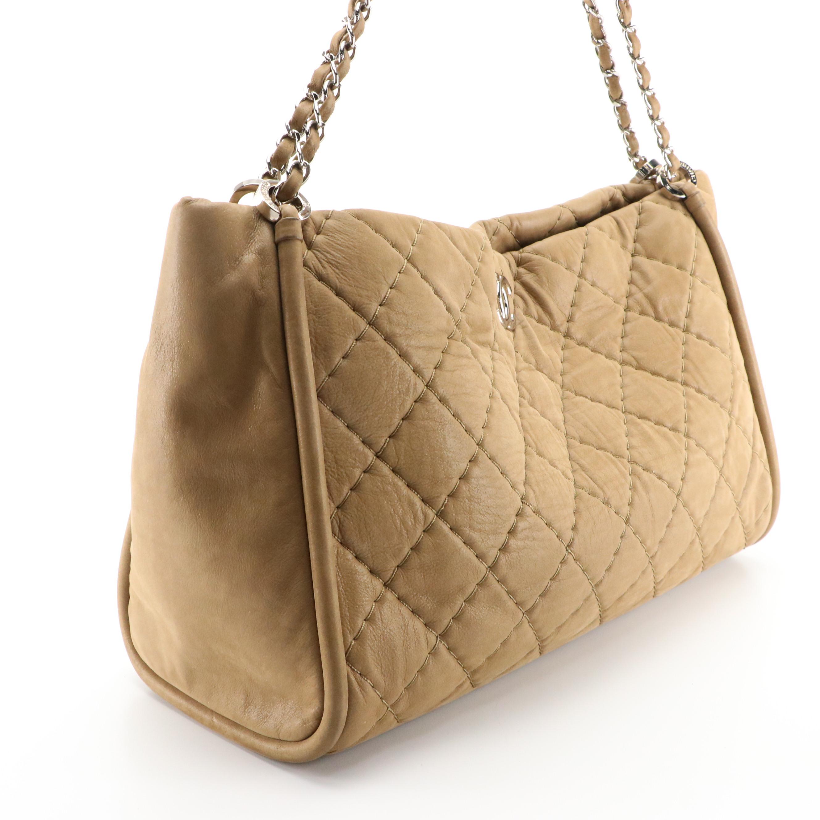 Chanel Tan Large Quilted Shoulder Bag with CC Logo and Interwoven Chain Strap