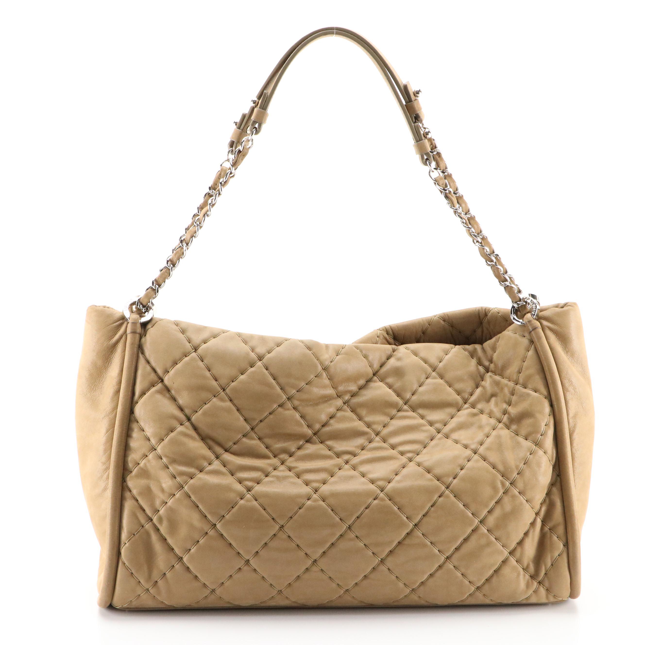 Chanel Tan Large Quilted Shoulder Bag with CC Logo and Interwoven Chain Strap