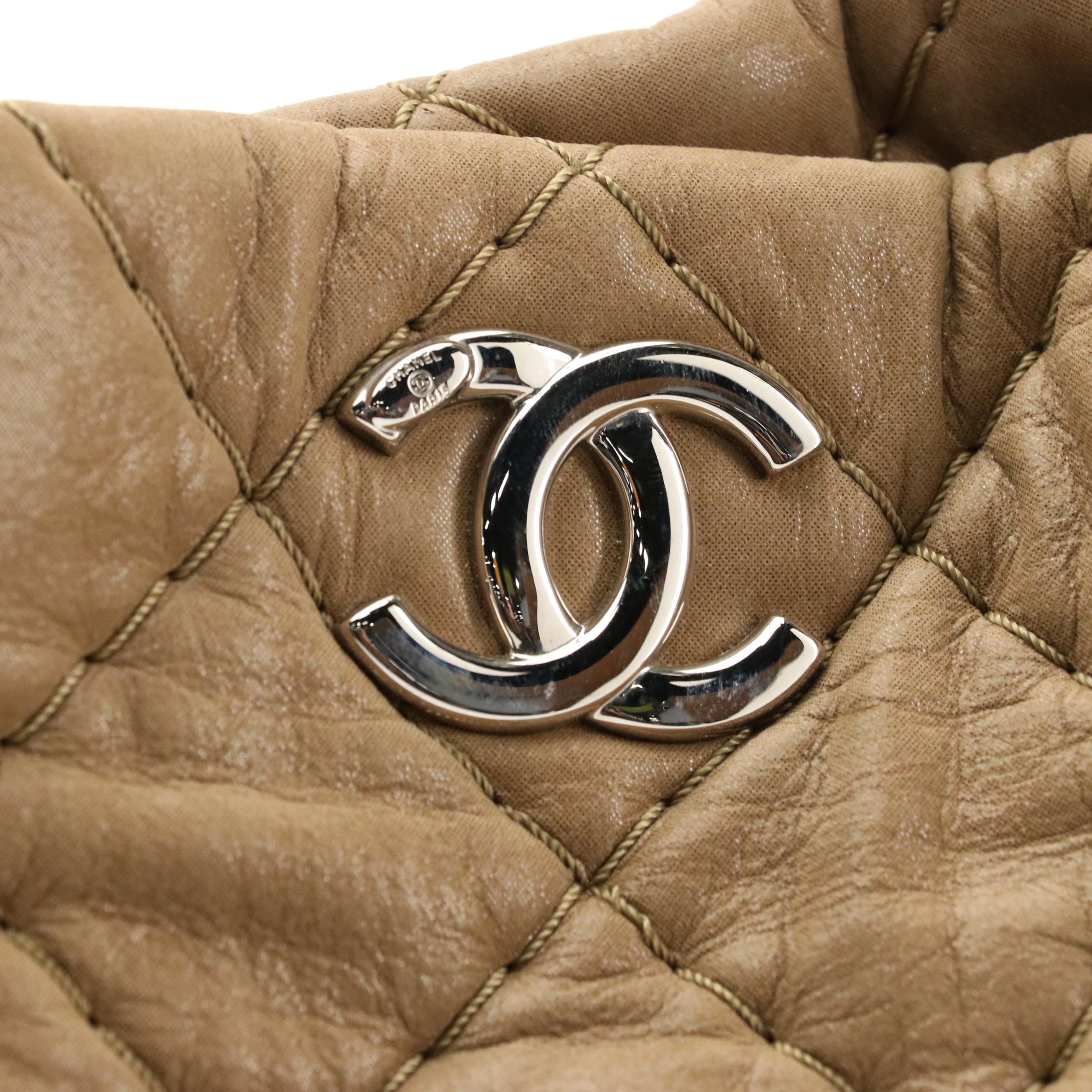 Chanel Tan Large Quilted Shoulder Bag with CC Logo and Interwoven Chain Strap
