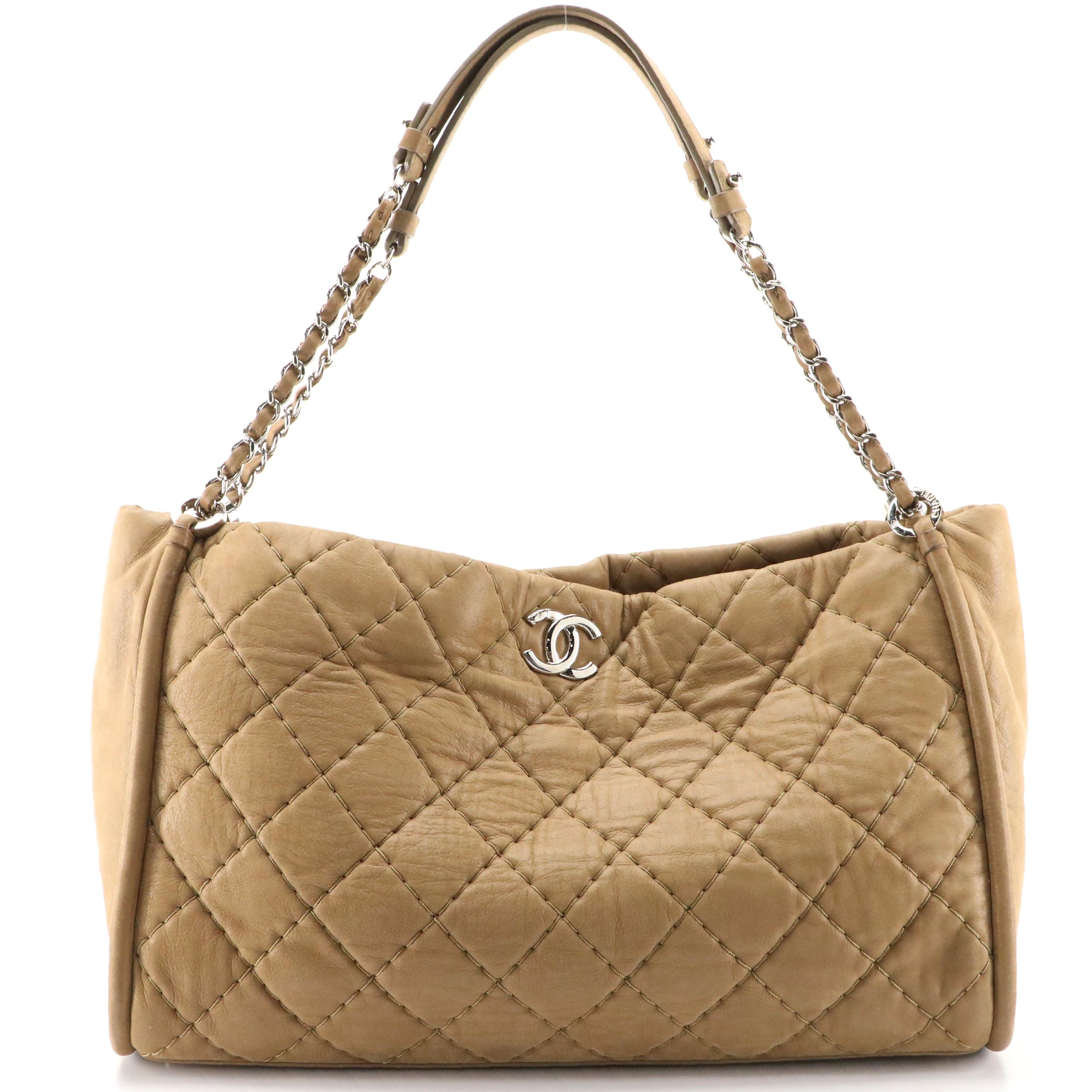 Chanel Tan Large Quilted Shoulder Bag with CC Logo and Interwoven Chain Strap
