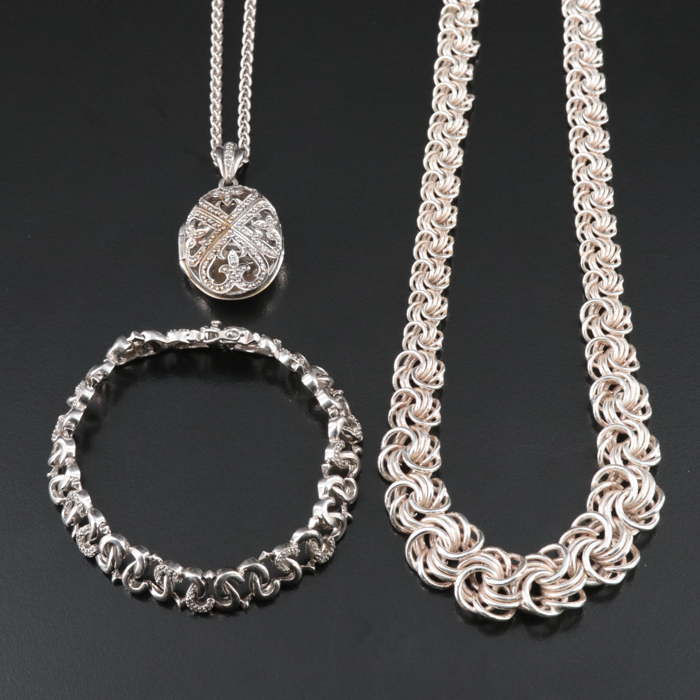 Sterling Graduated Link Necklace, Locket Necklace and Diamond Bracelet