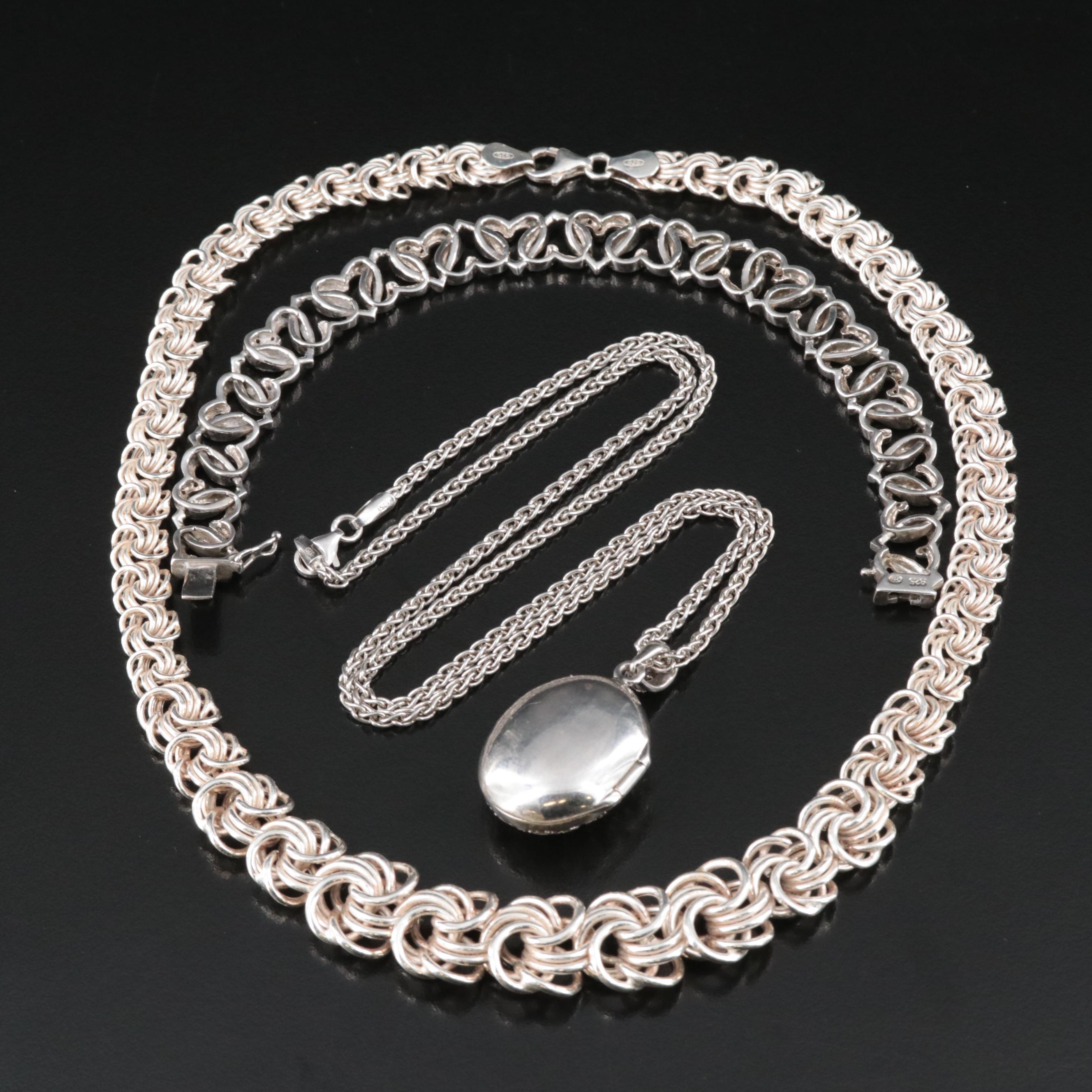 Sterling Graduated Link Necklace, Locket Necklace and Diamond Bracelet