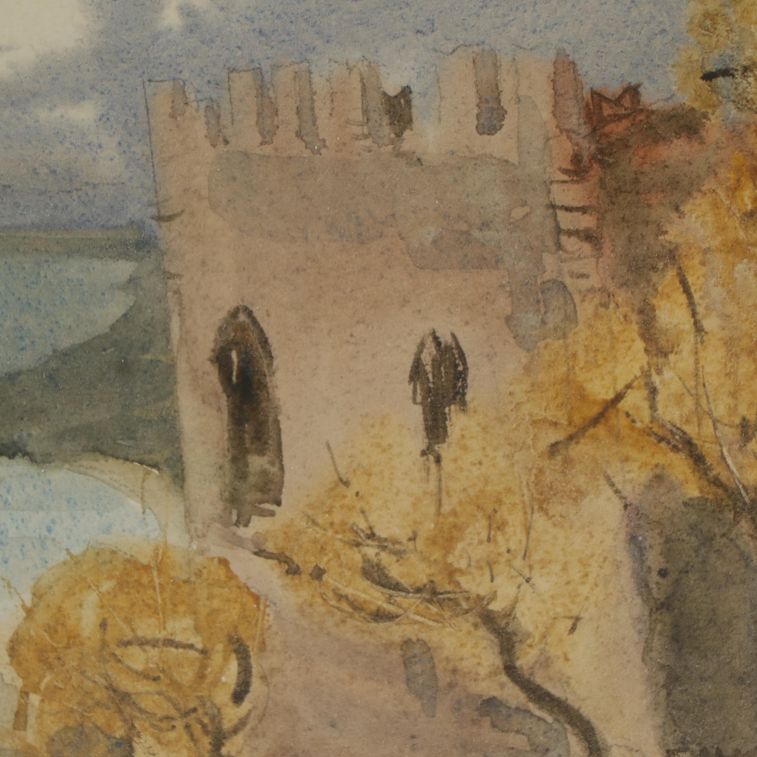 Robert Hawthorne Kitson Watercolor Painting of Castle Overlooking the Sea