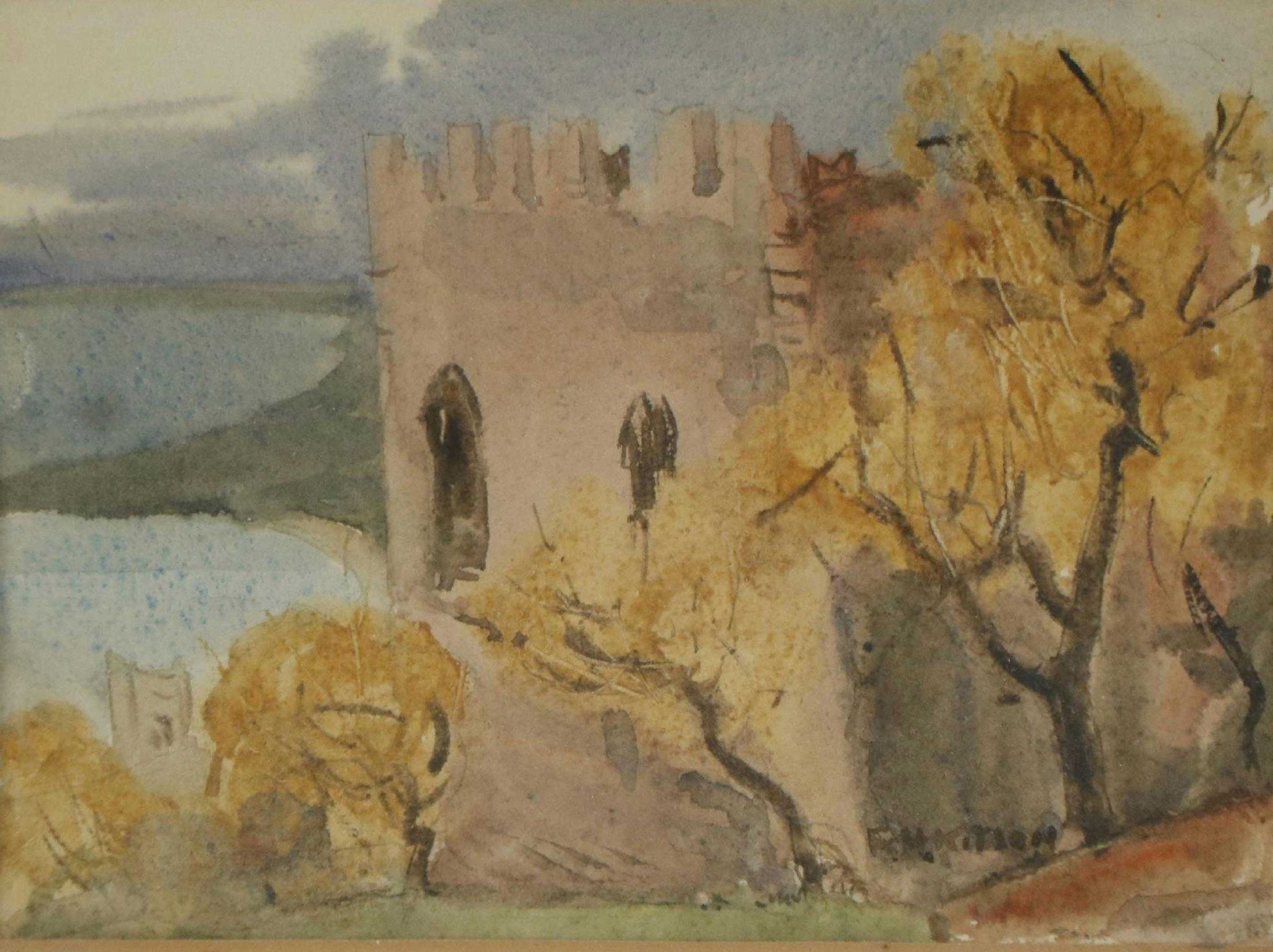 Robert Hawthorne Kitson Watercolor Painting of Castle Overlooking the Sea