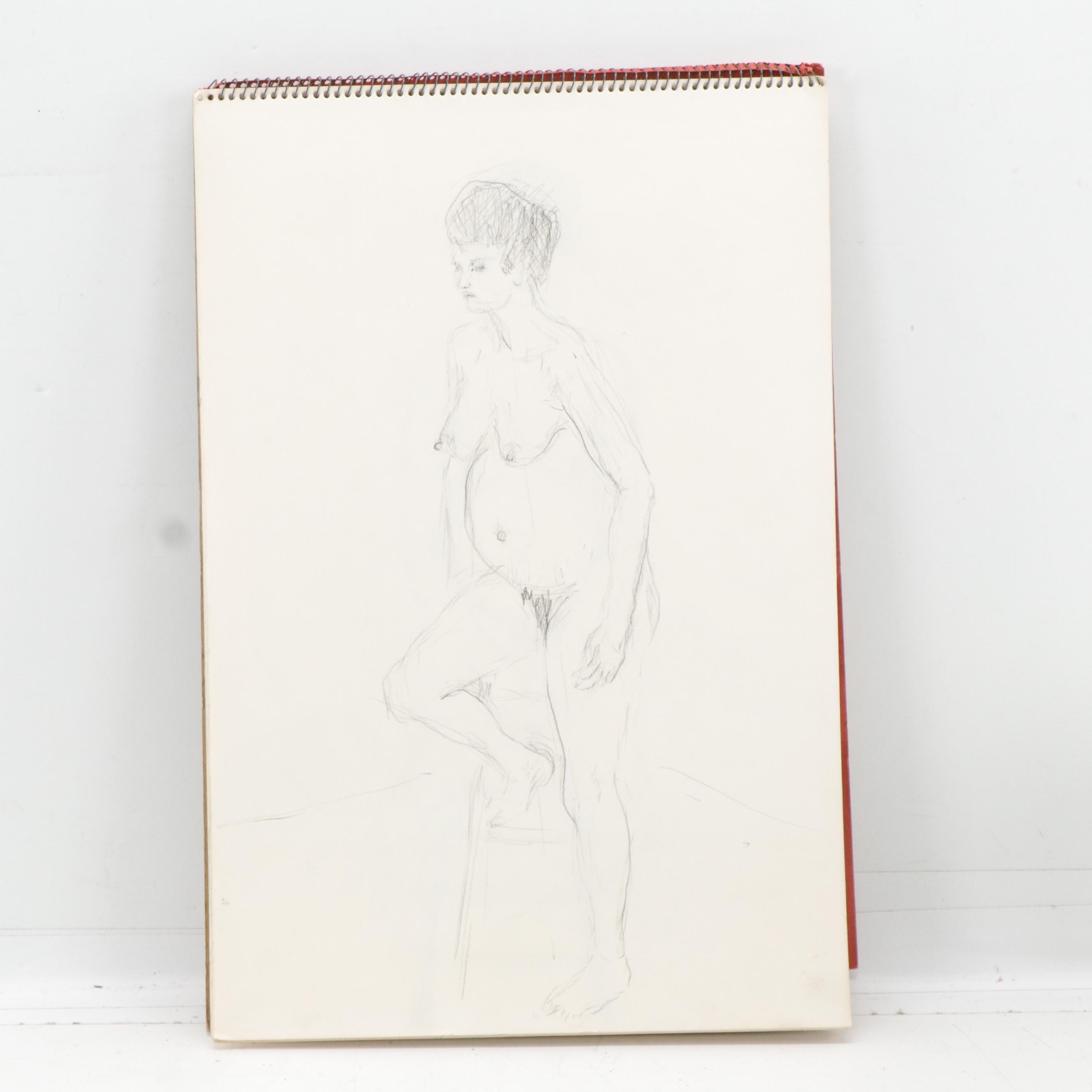 Gary Ross Sketch Pad with Drawings, Mostly Female Nude Figures in Graphite