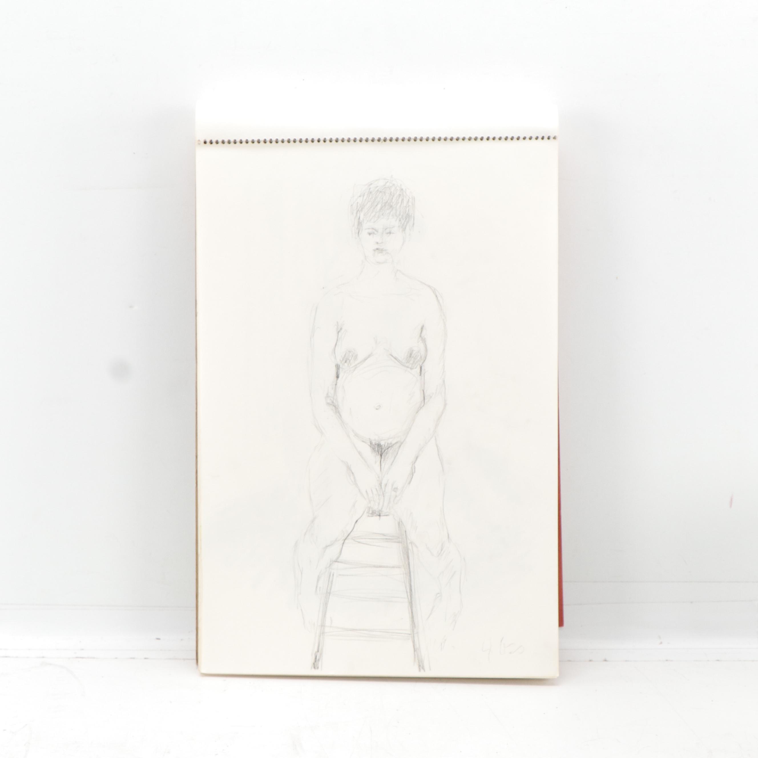 Gary Ross Sketch Pad with Drawings, Mostly Female Nude Figures in Graphite