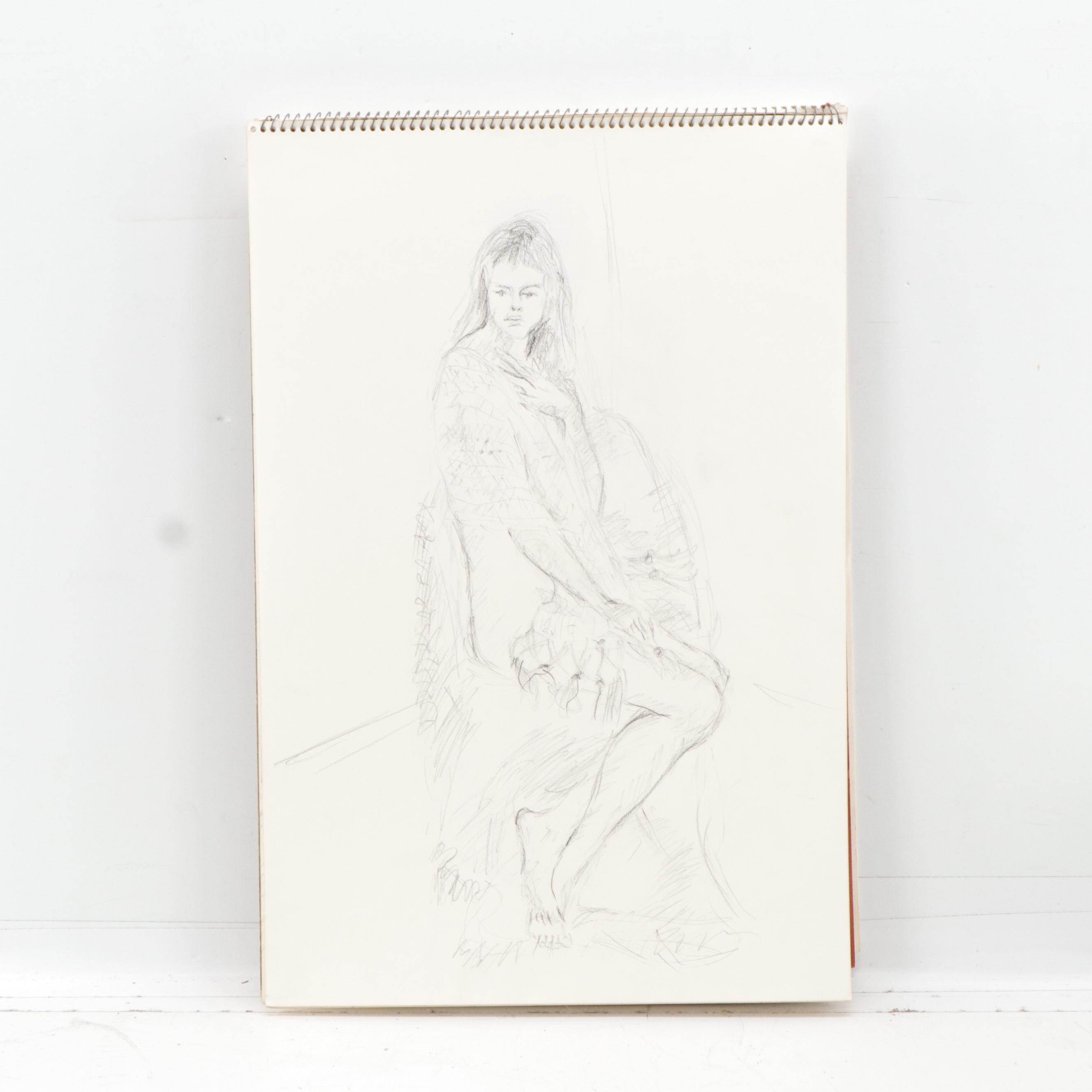 Gary Ross Sketch Pad with Drawings, Mostly Female Nude Figures in Graphite