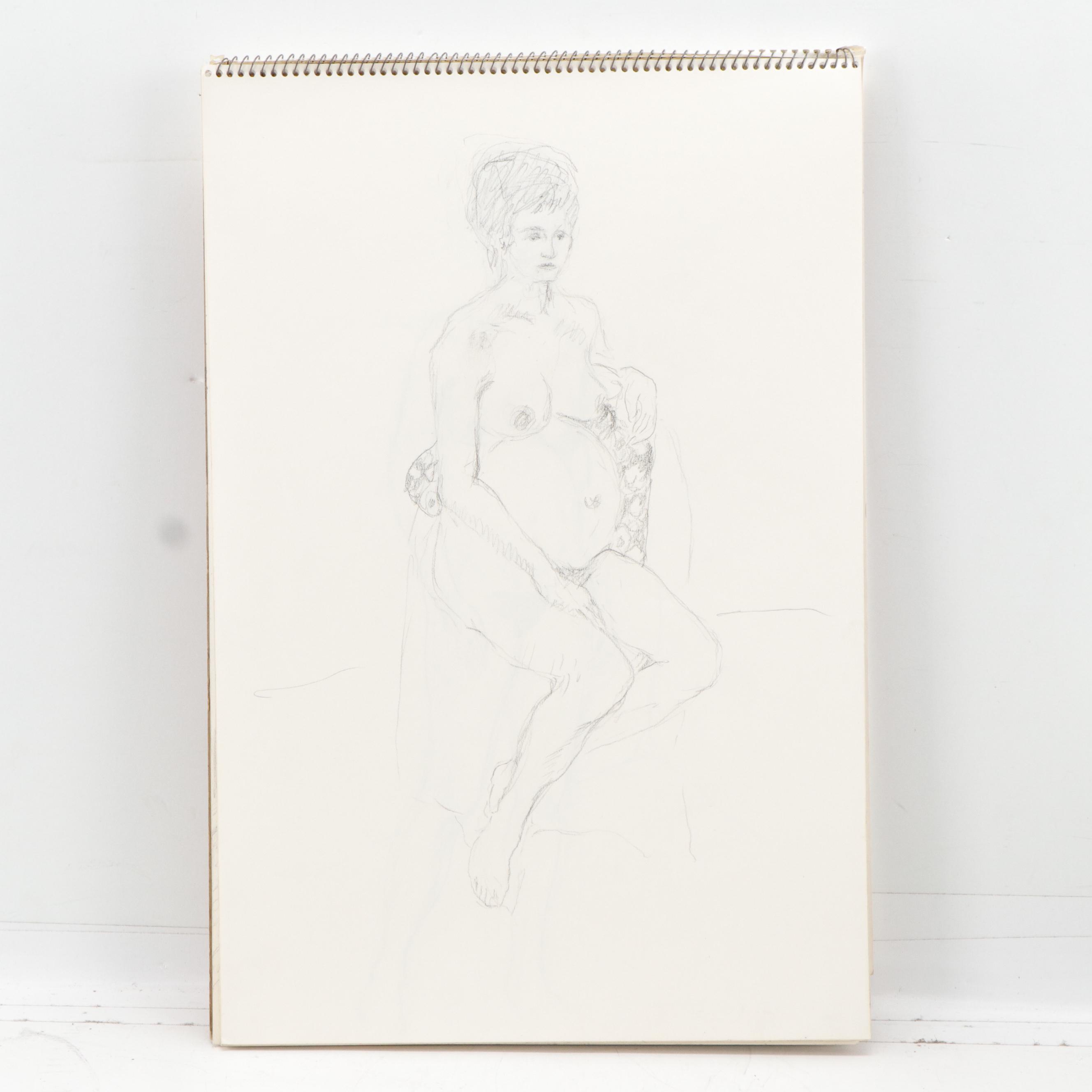 Gary Ross Sketch Pad with Drawings, Mostly Female Nude Figures in Graphite