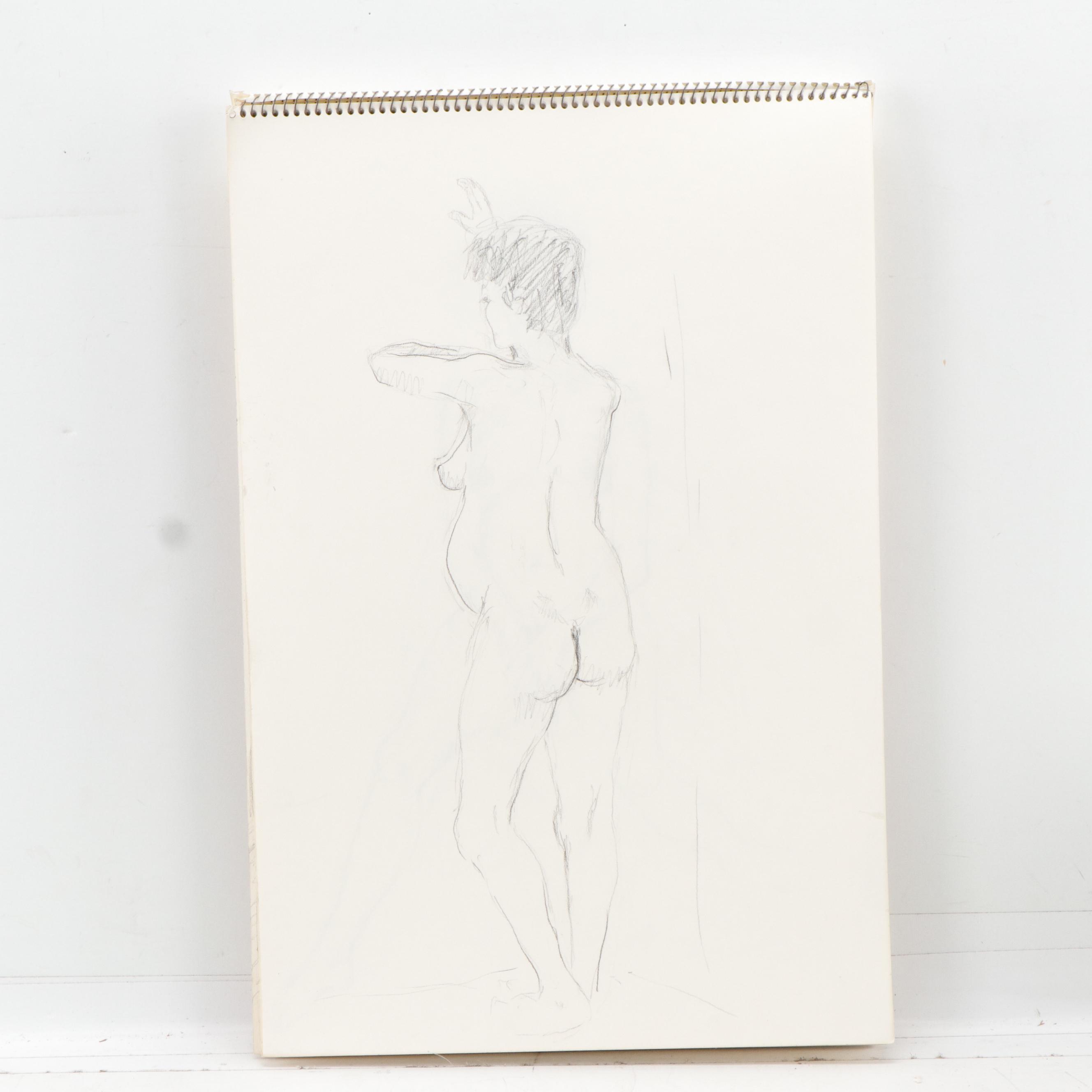 Gary Ross Sketch Pad with Drawings, Mostly Female Nude Figures in Graphite