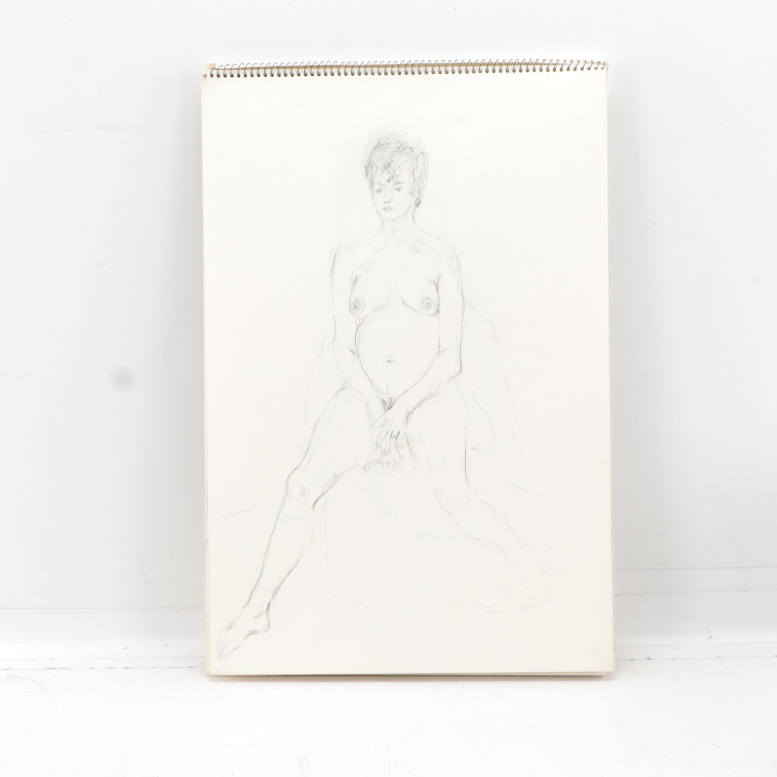 Gary Ross Sketch Pad with Drawings, Mostly Female Nude Figures in Graphite