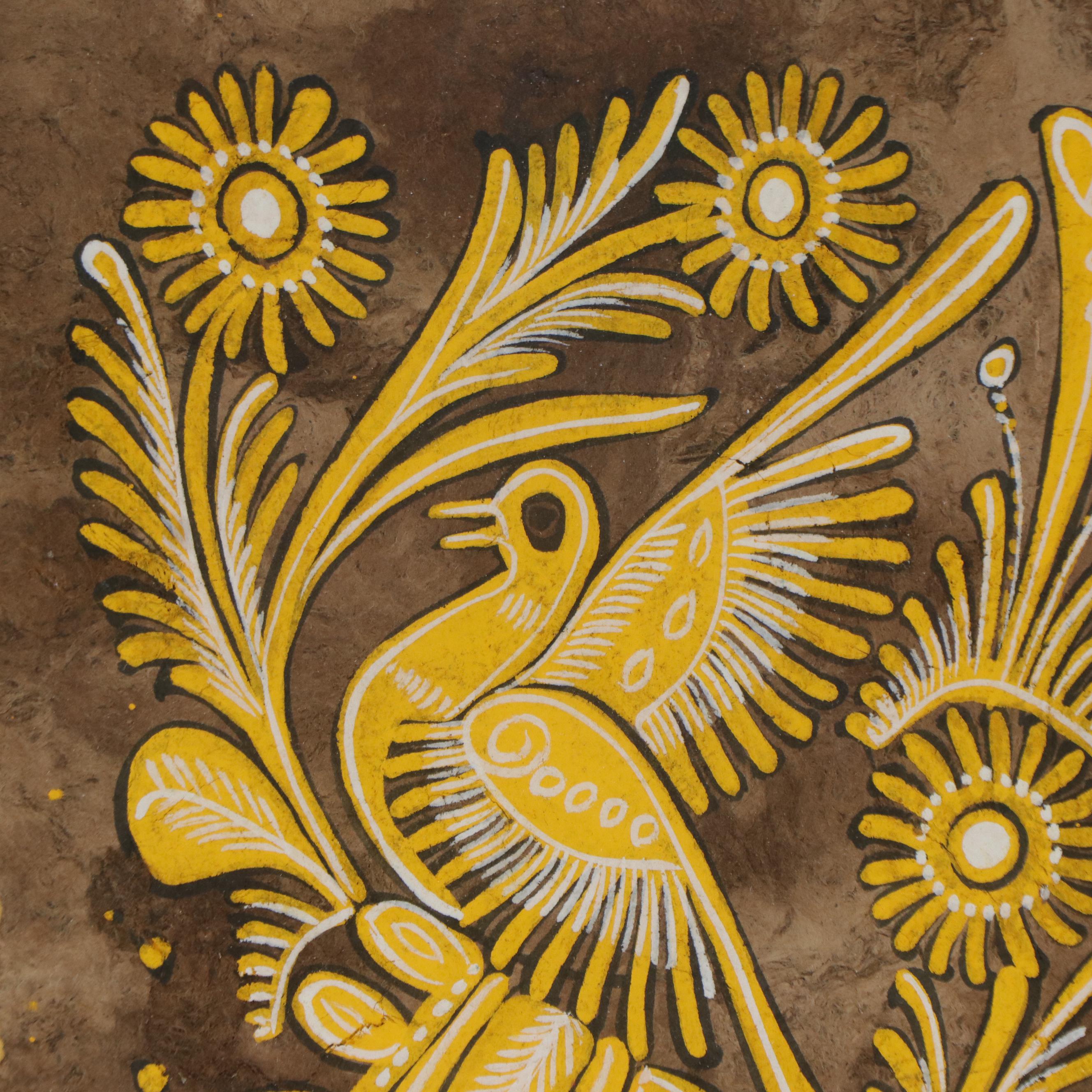 Mexican Folk Art Amate Bark Painting of Bird and Vegetal Motif