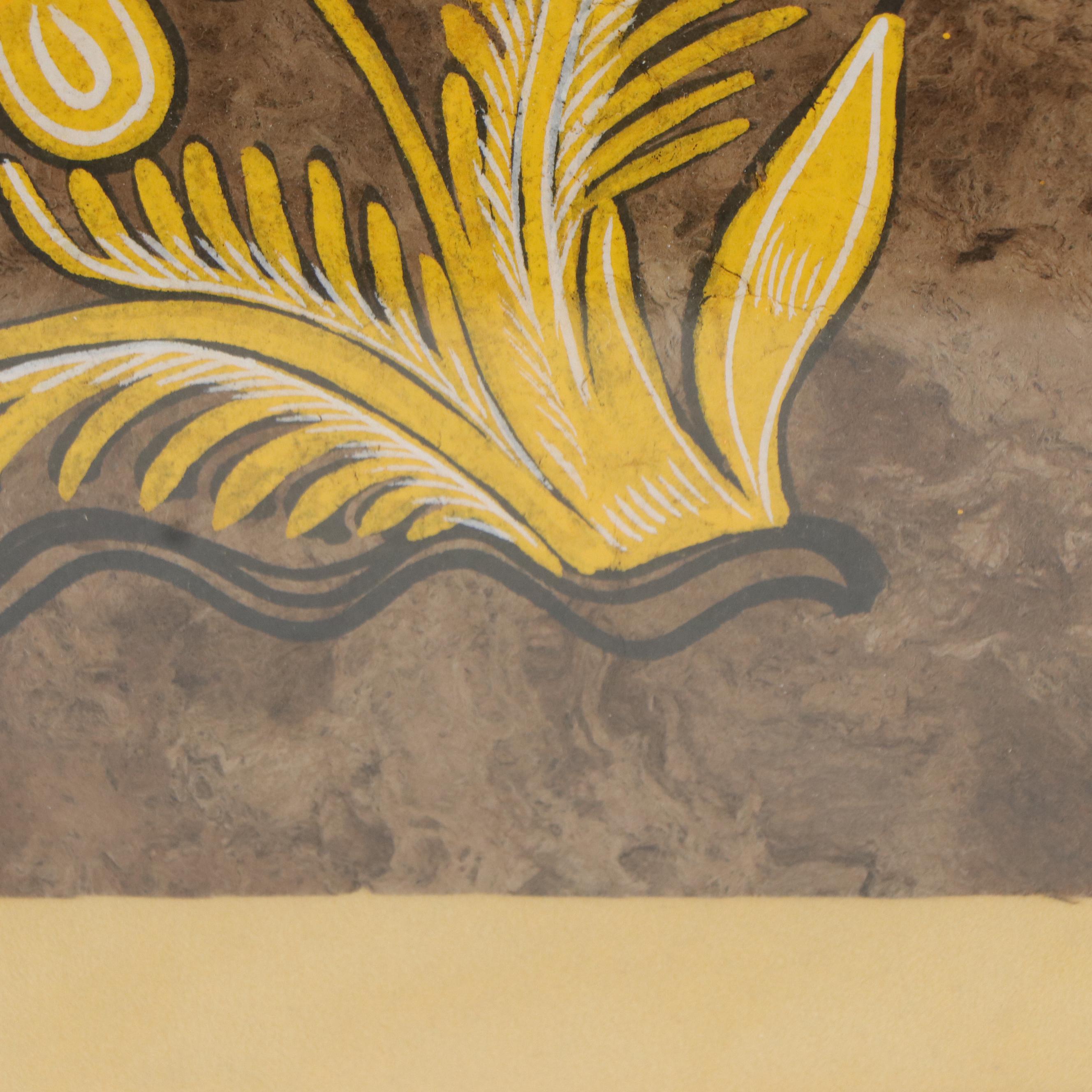 Mexican Folk Art Amate Bark Painting of Bird and Vegetal Motif