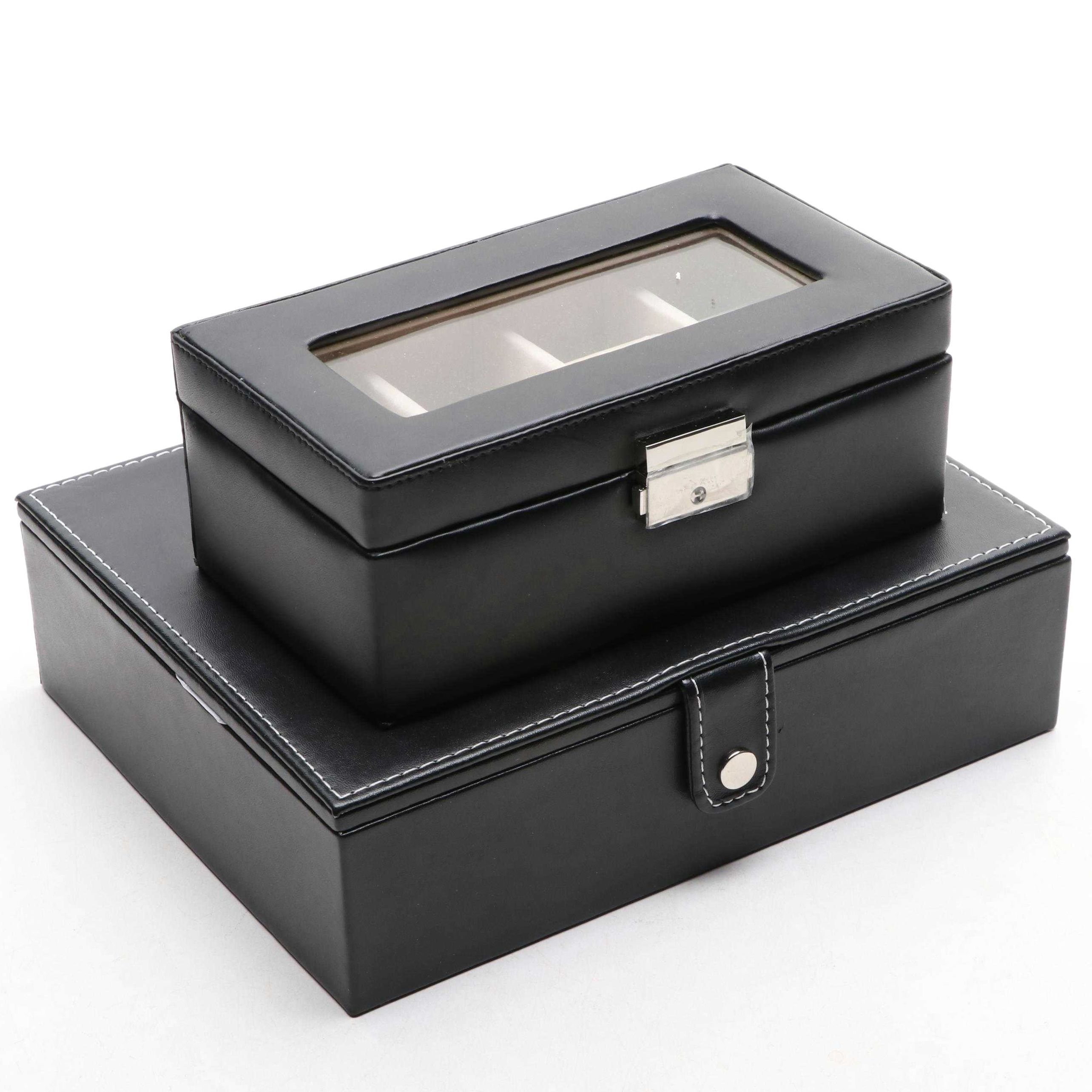 Faux Leather Watch Case and Jewelry Box with Black Matte Finish