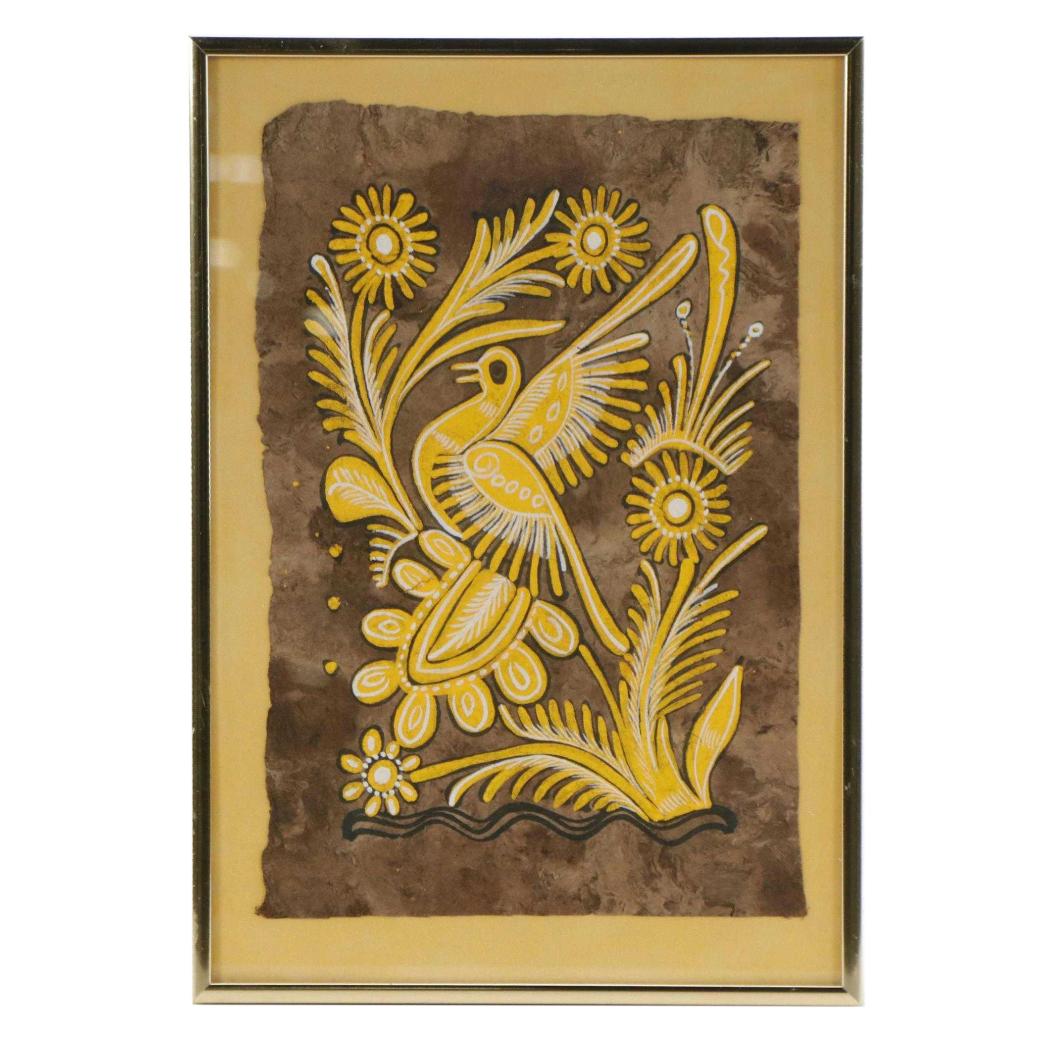 Mexican Folk Art Amate Bark Painting of Bird and Vegetal Motif