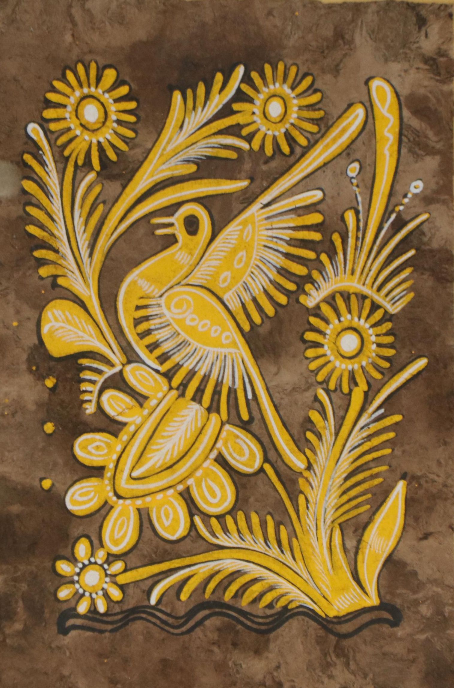 Mexican Folk Art Amate Bark Painting of Bird and Vegetal Motif