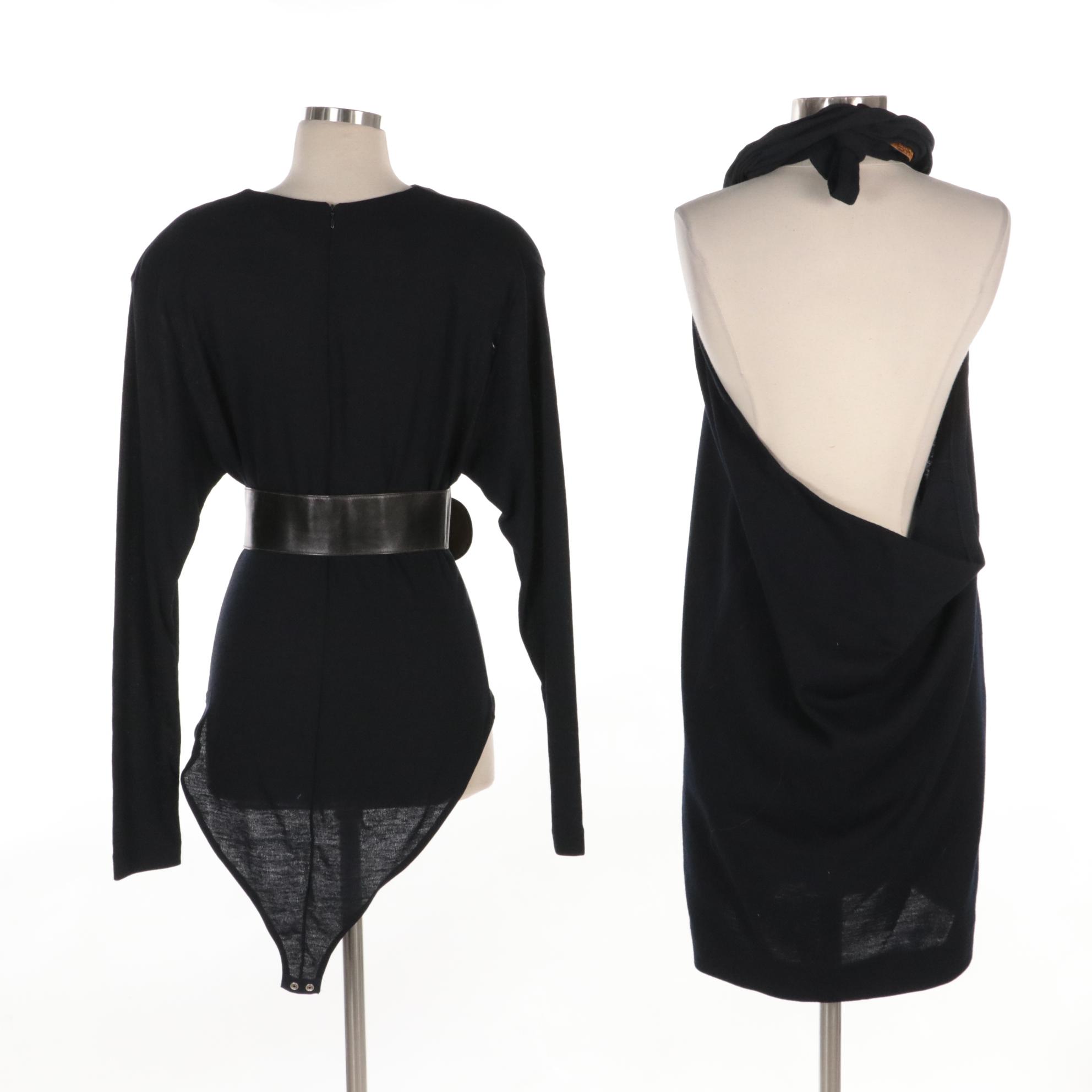 Donna Karan New York Wool Halter Dress, Wool Bodysuit, and Wide Leather Belt
