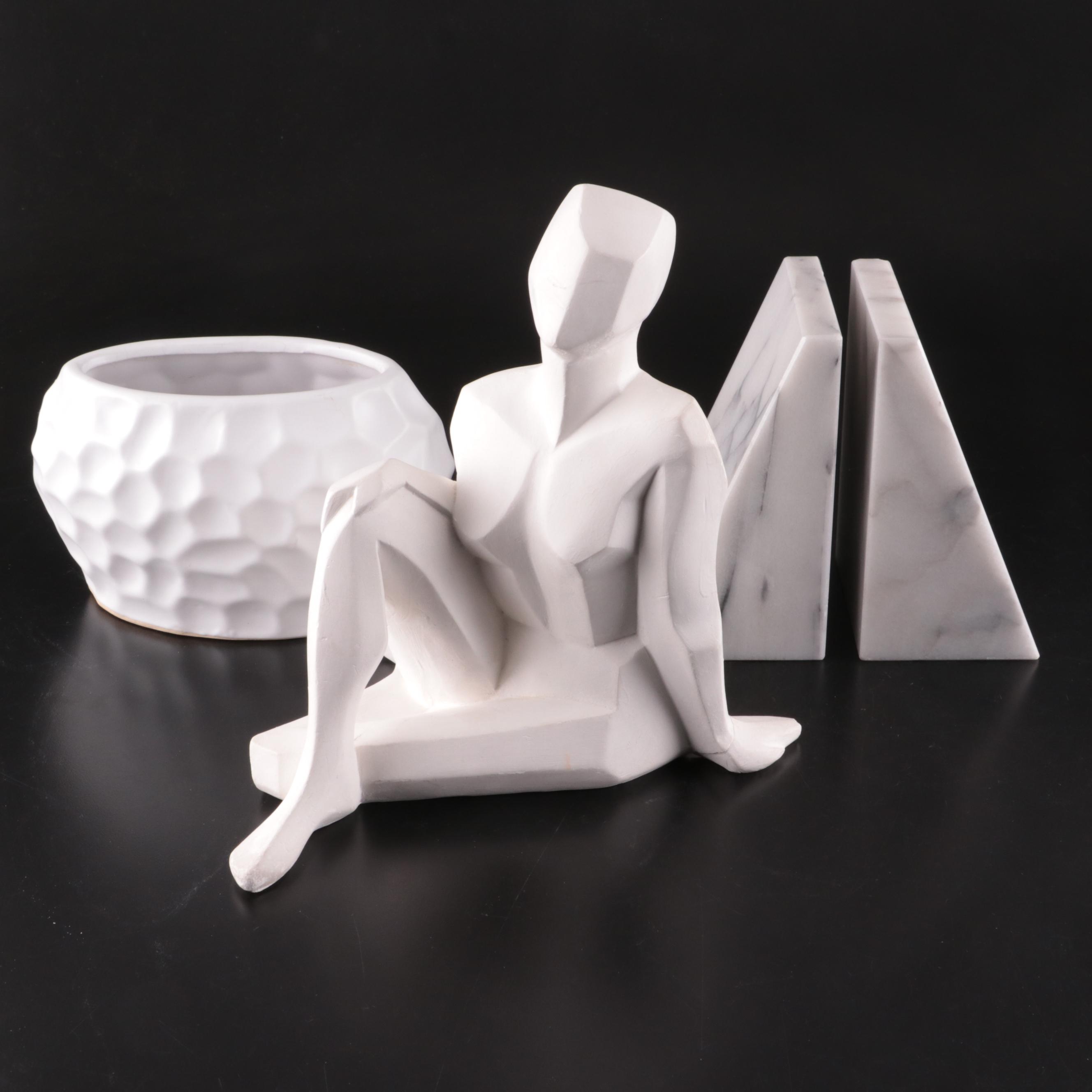 Modernist Style Sculpture with Marble Bookends and Contemporary Ceramic Vase