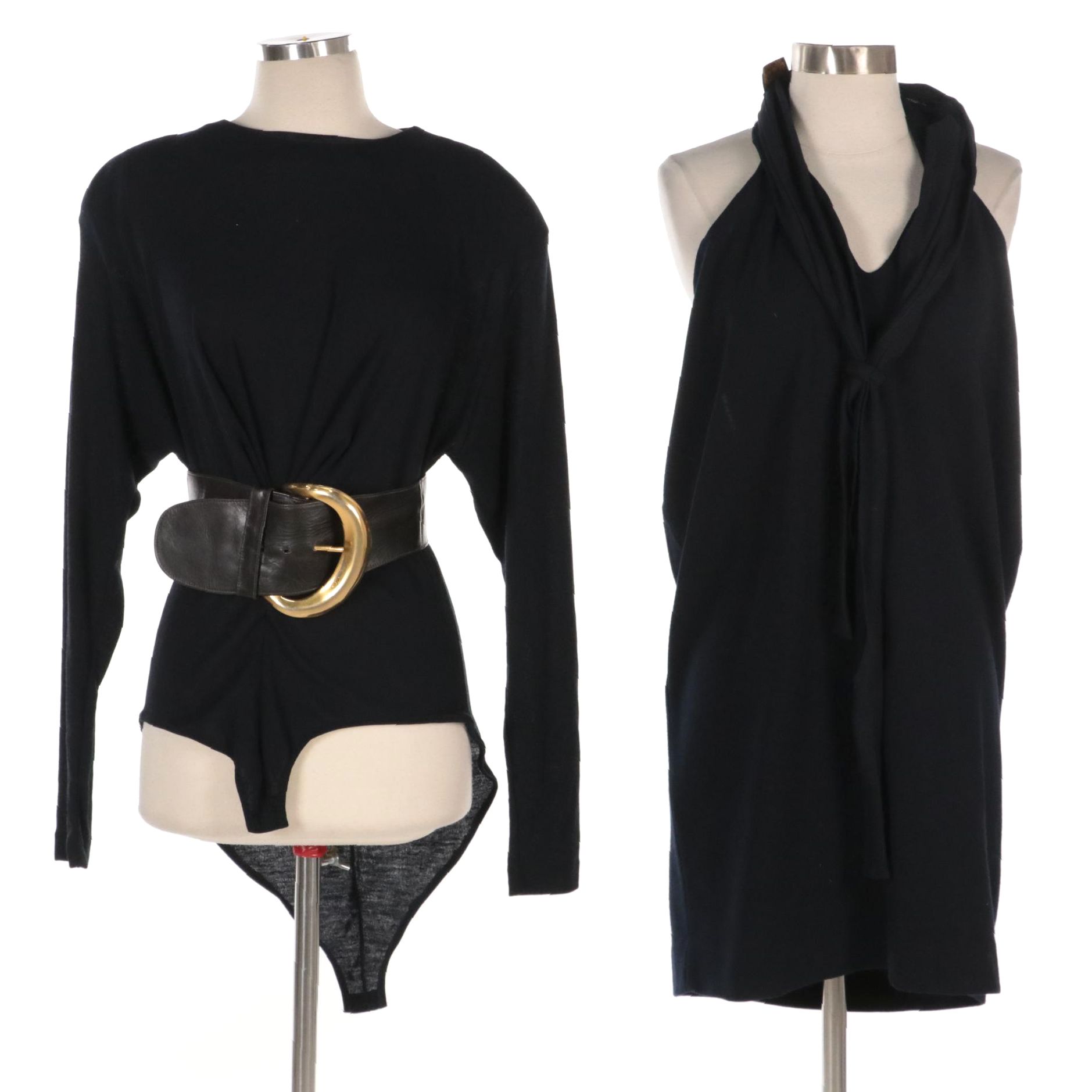 Donna Karan New York Wool Halter Dress, Wool Bodysuit, and Wide Leather Belt