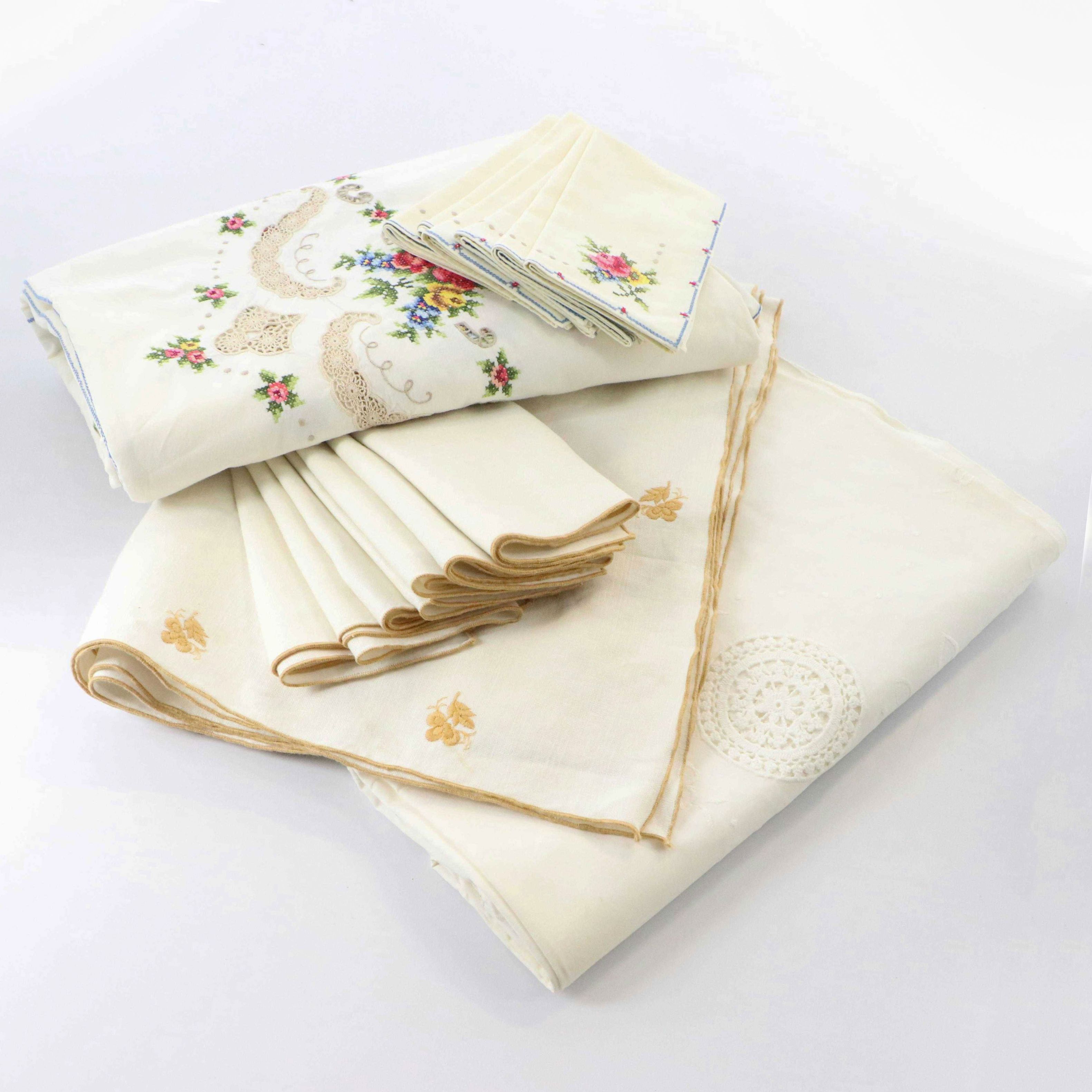 Floral and Butterfly Embroidery and Cutwork Table Linens