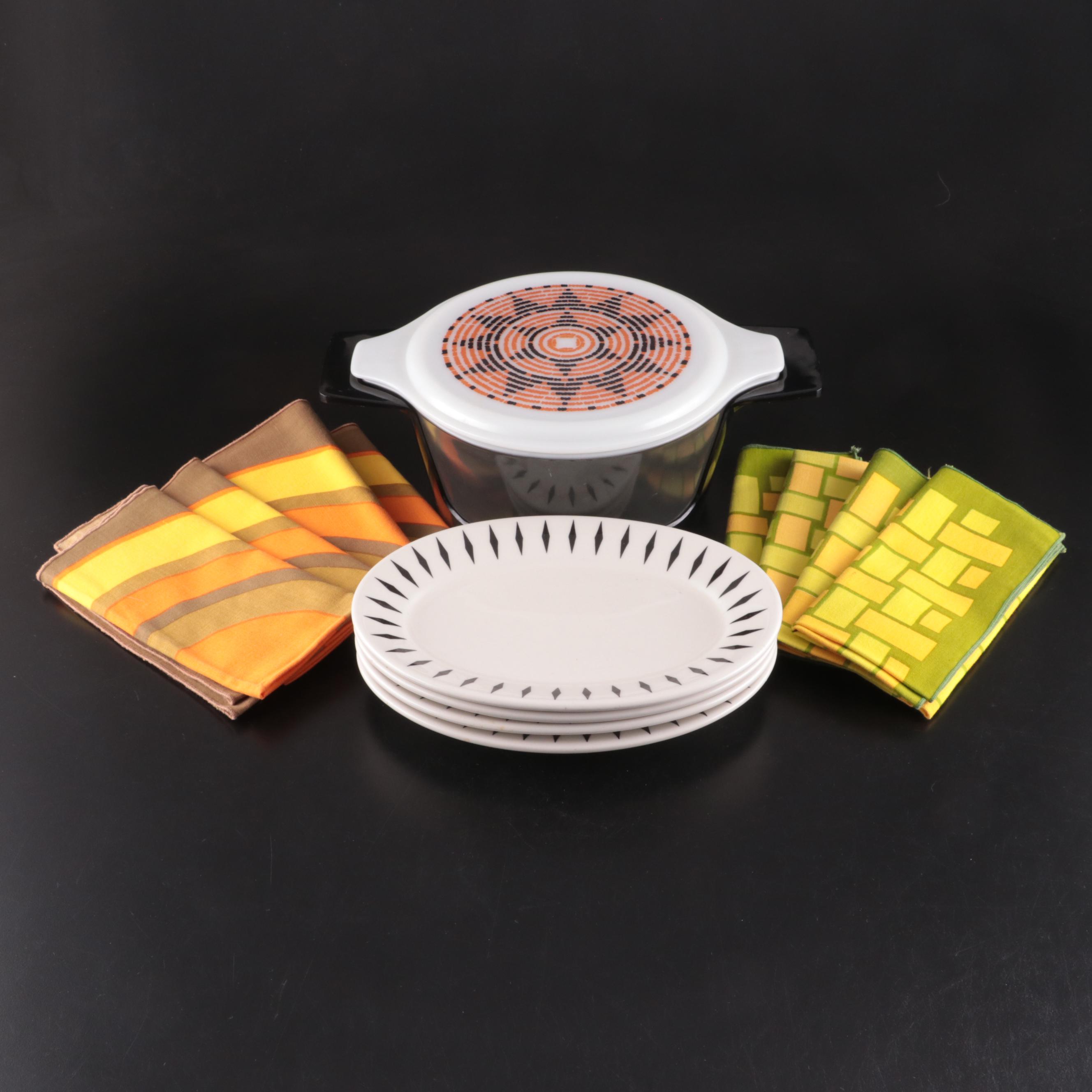 Pyrex "Pueblo" Lidded Glass Casserole Dish with Napkins and Ceramic Platters