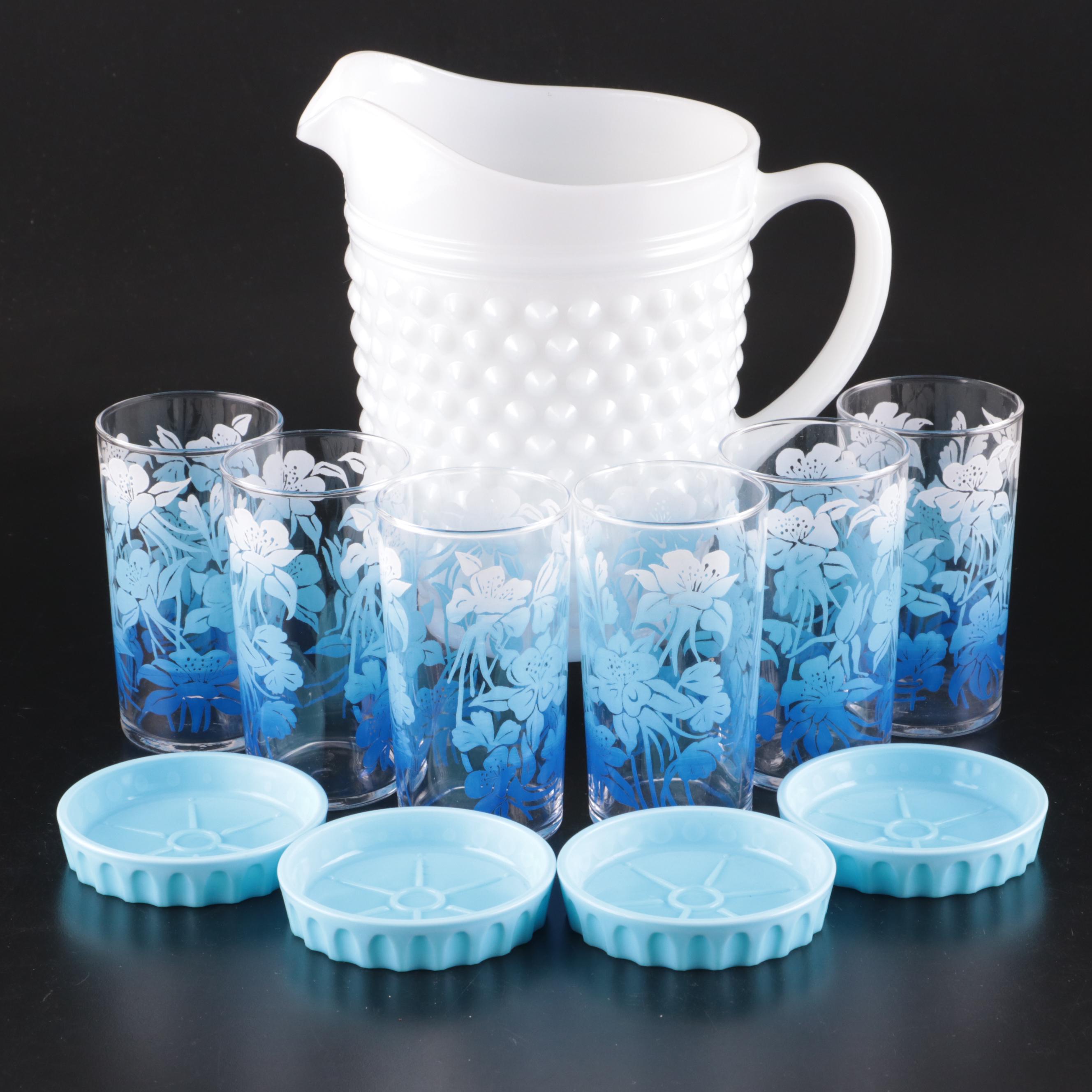 Hobnail Milk Glass Pitcher with Ombré Floral Motif Glass Tumblers with More