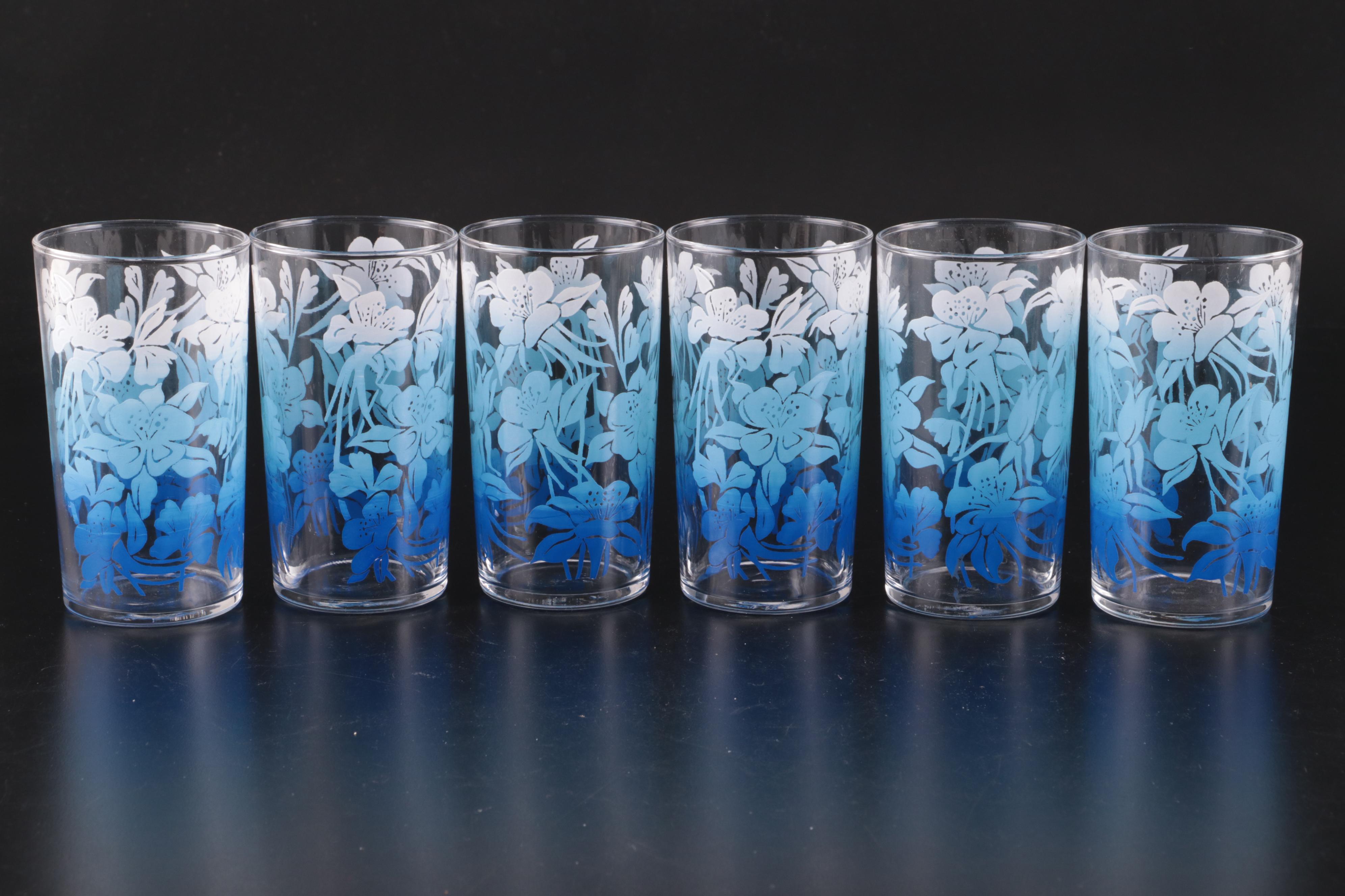 Hobnail Milk Glass Pitcher with Ombré Floral Motif Glass Tumblers with More