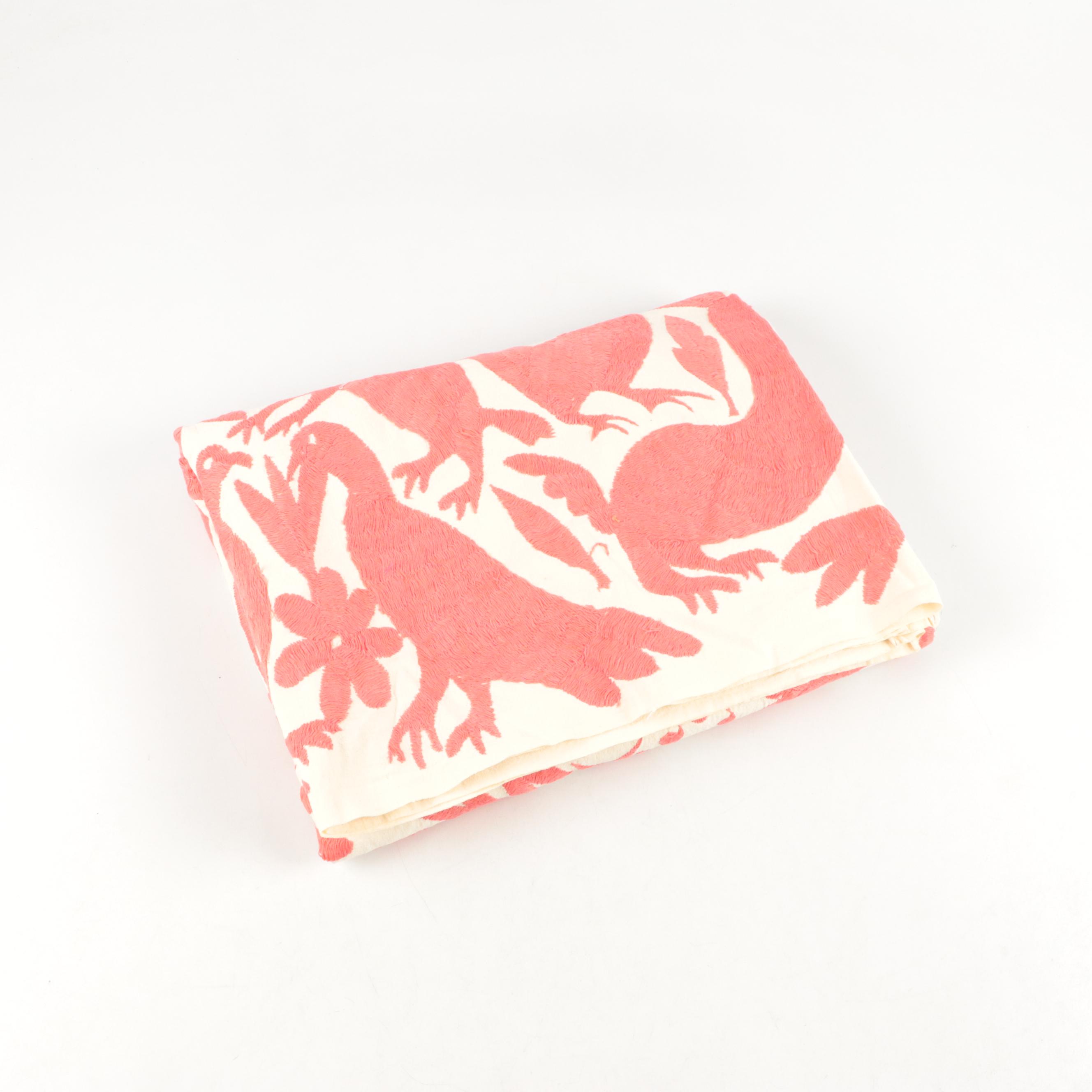 Handmade Mexican Otomi Style Animal Motif Embroidered Tablecloth