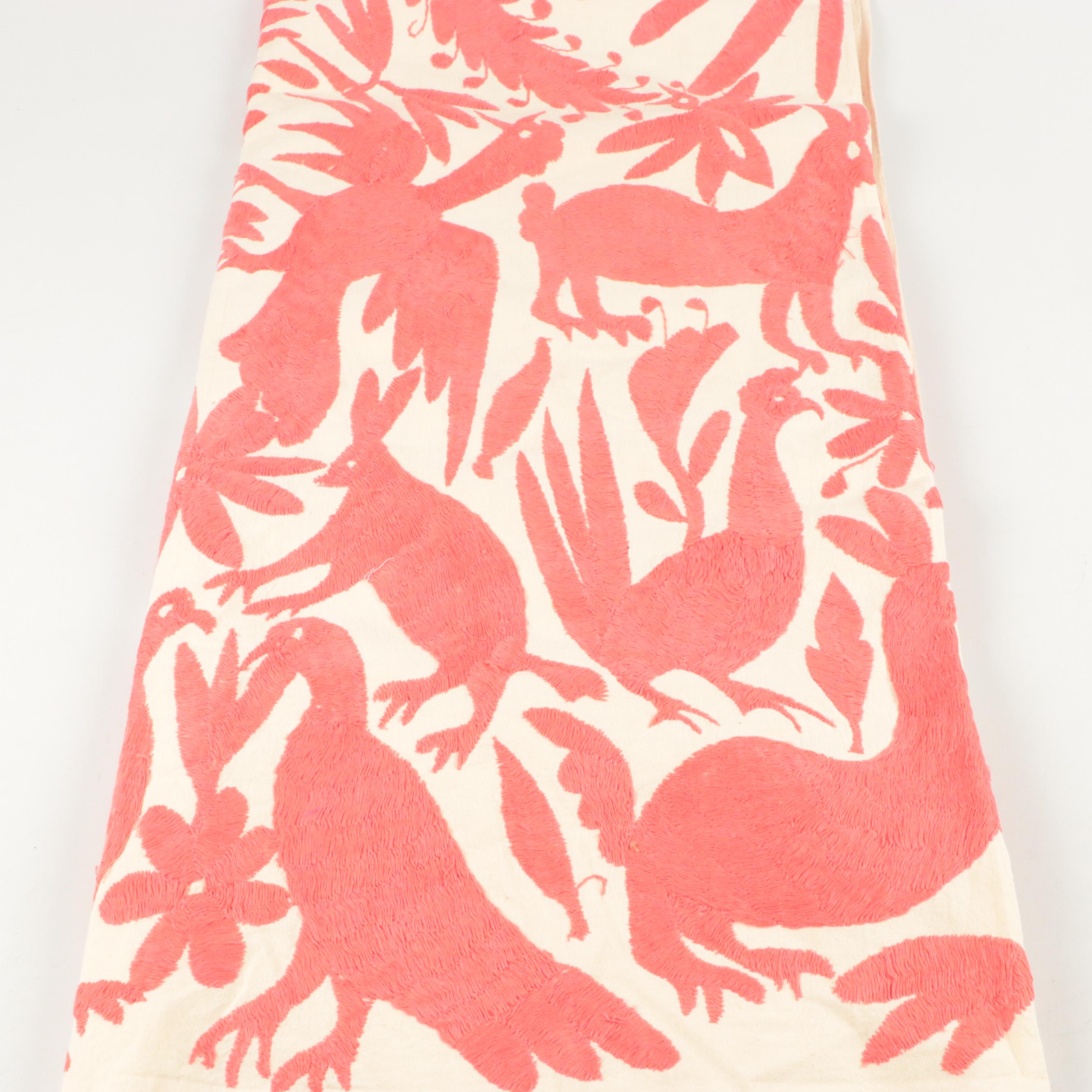 Handmade Mexican Otomi Style Animal Motif Embroidered Tablecloth
