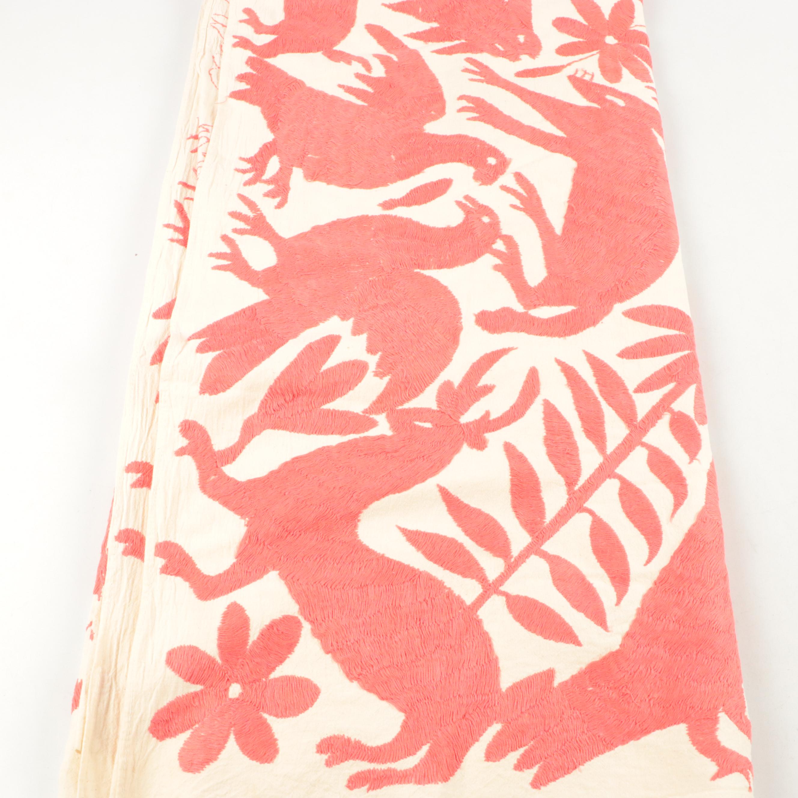 Handmade Mexican Otomi Style Animal Motif Embroidered Tablecloth