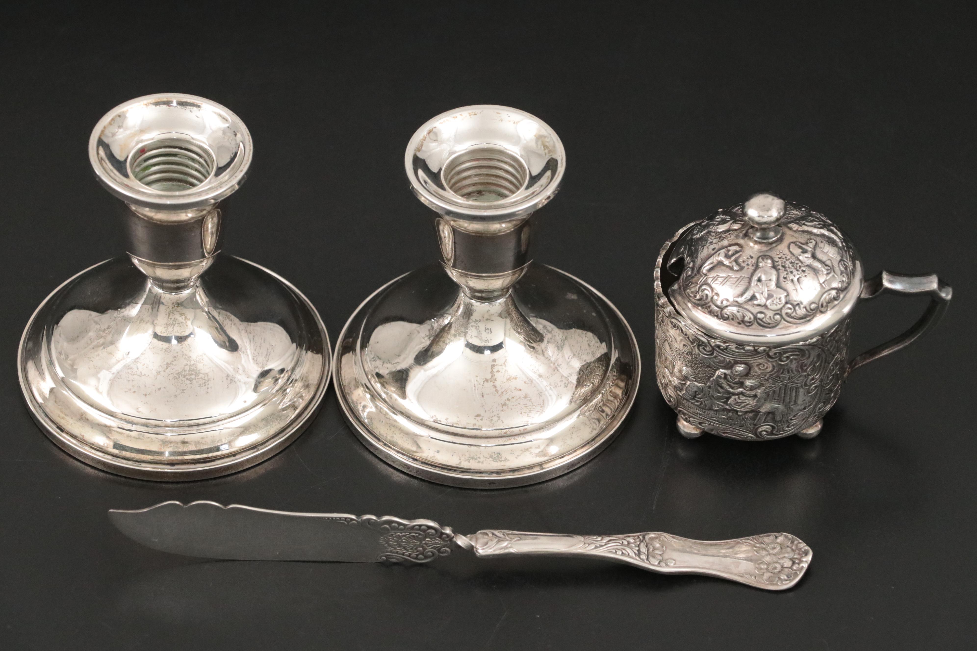 Towle Sterling Silver Candlesticks with Silver Plate Table Accessories
