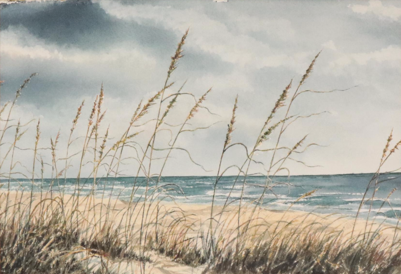 Seascape Watercolor Painting of Beach Reeds, Late 20th Century