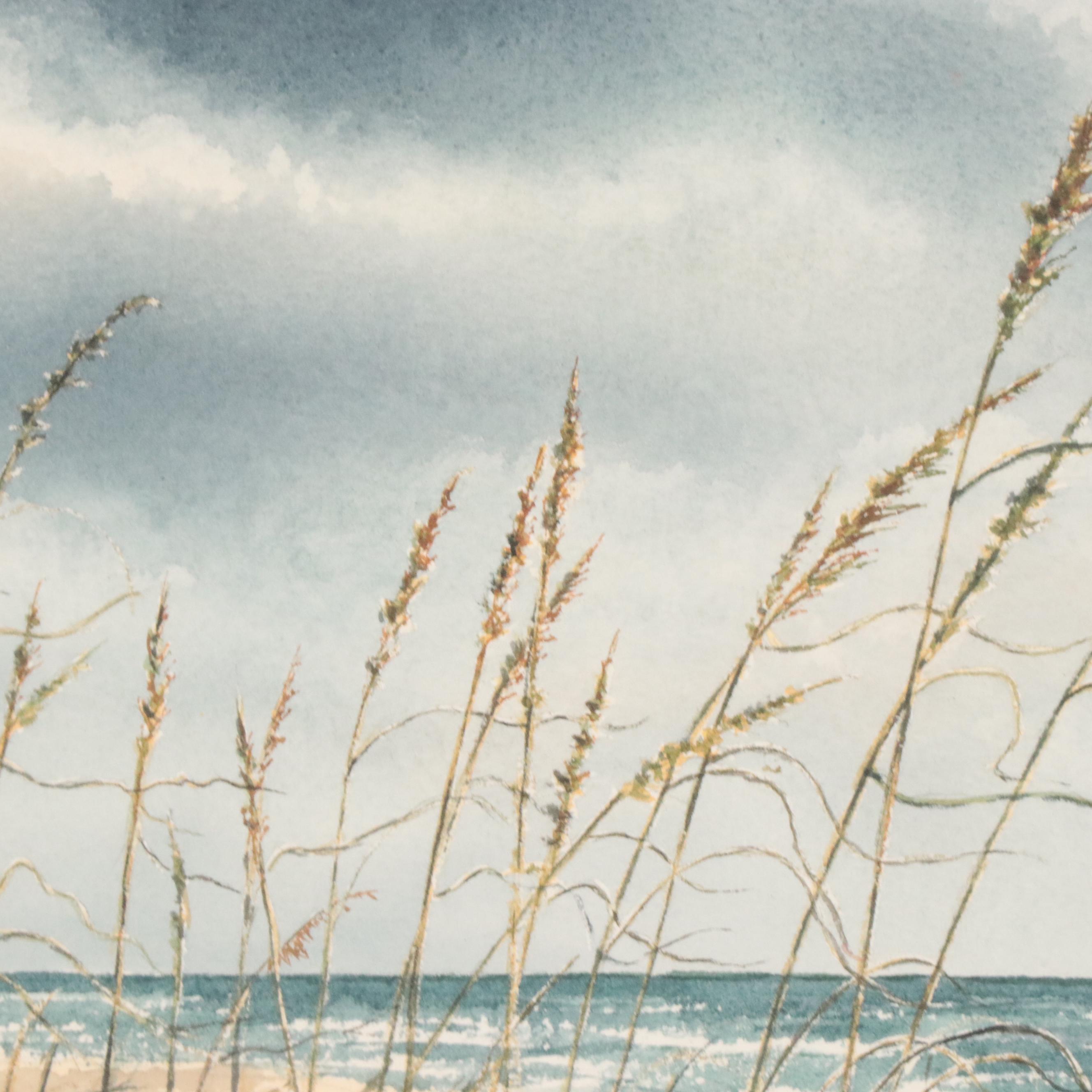 Seascape Watercolor Painting of Beach Reeds, Late 20th Century