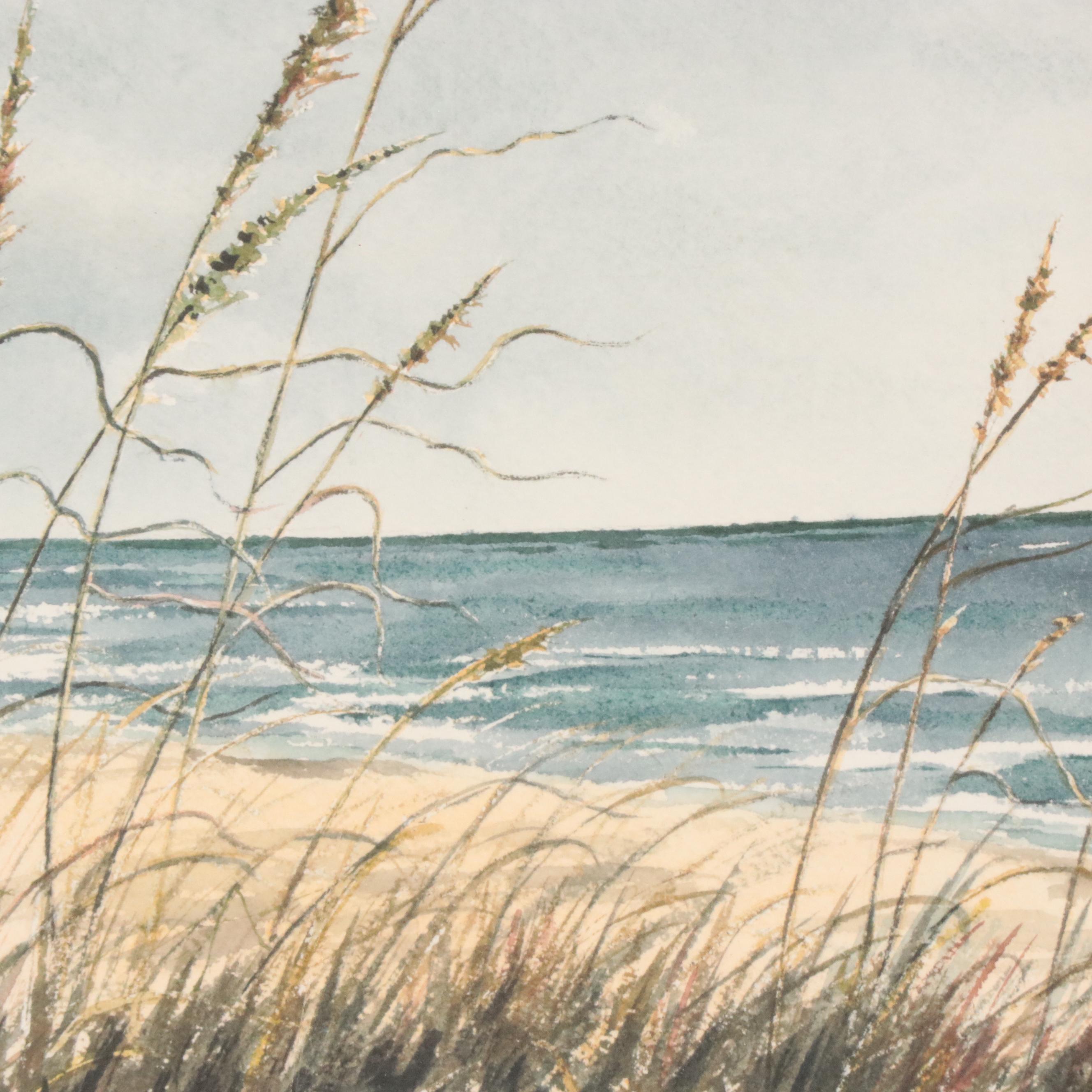 Seascape Watercolor Painting of Beach Reeds, Late 20th Century