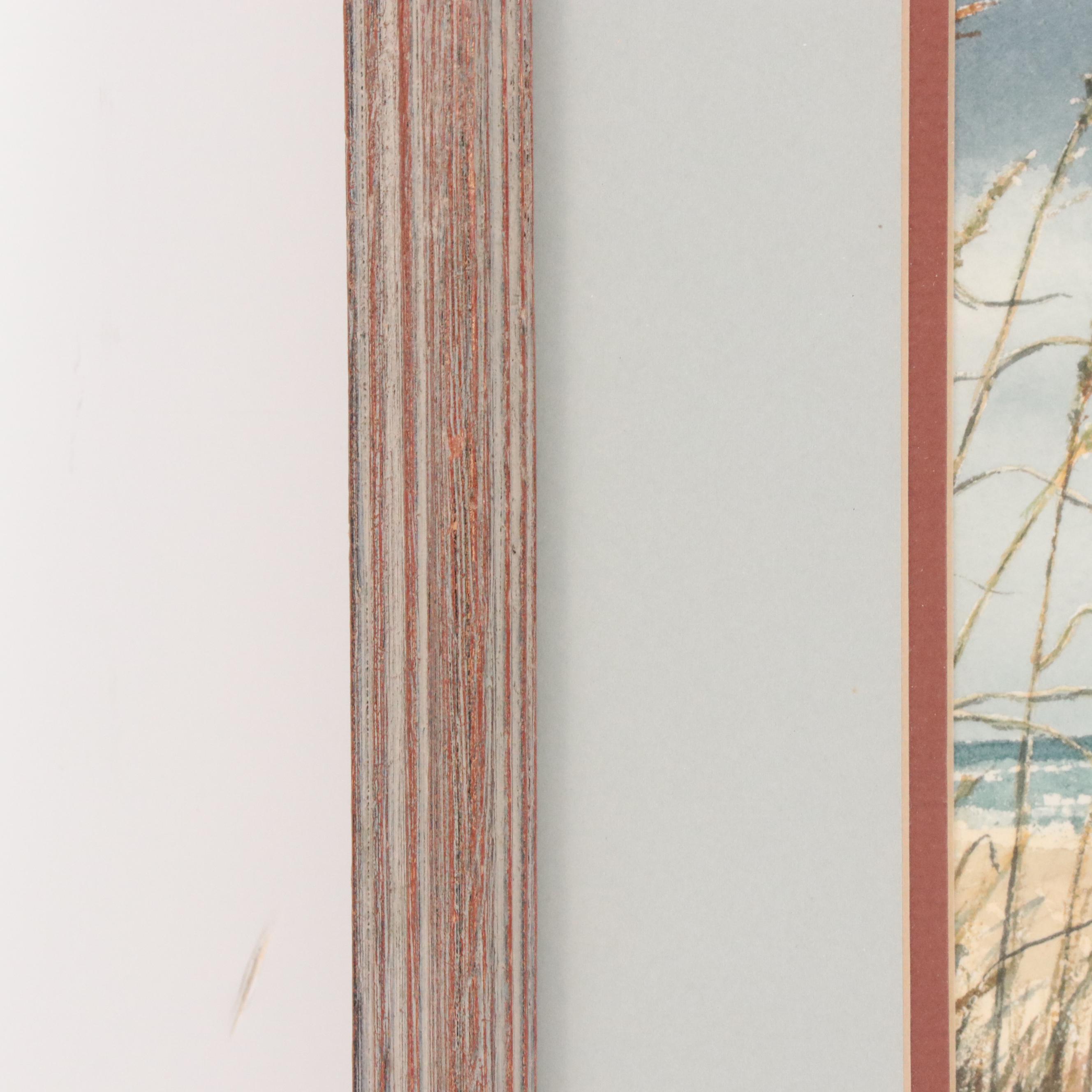 Seascape Watercolor Painting of Beach Reeds, Late 20th Century