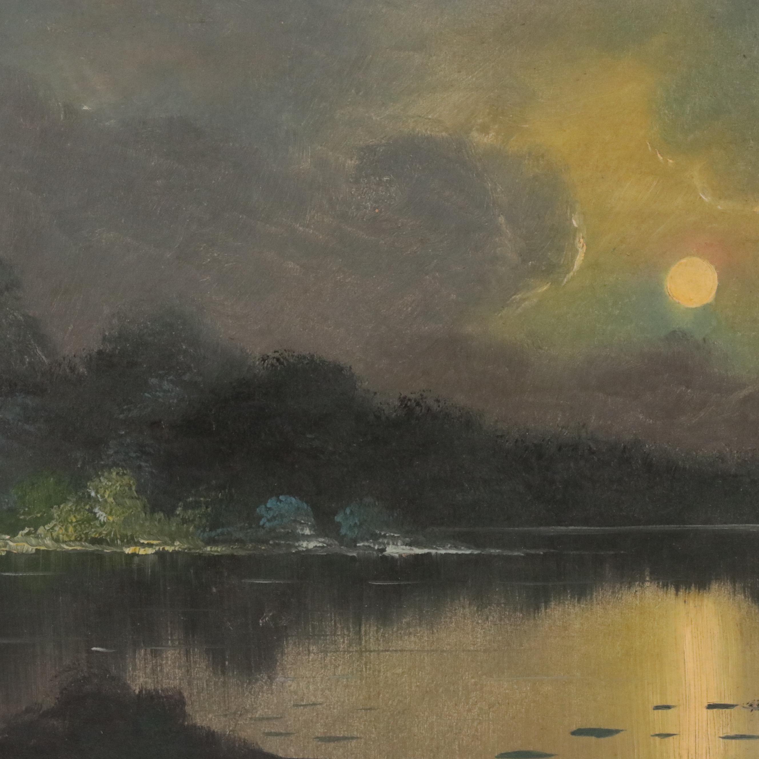 Landscape Oil Painting of Moonlight Night Campfire Scene, Late 20th Century