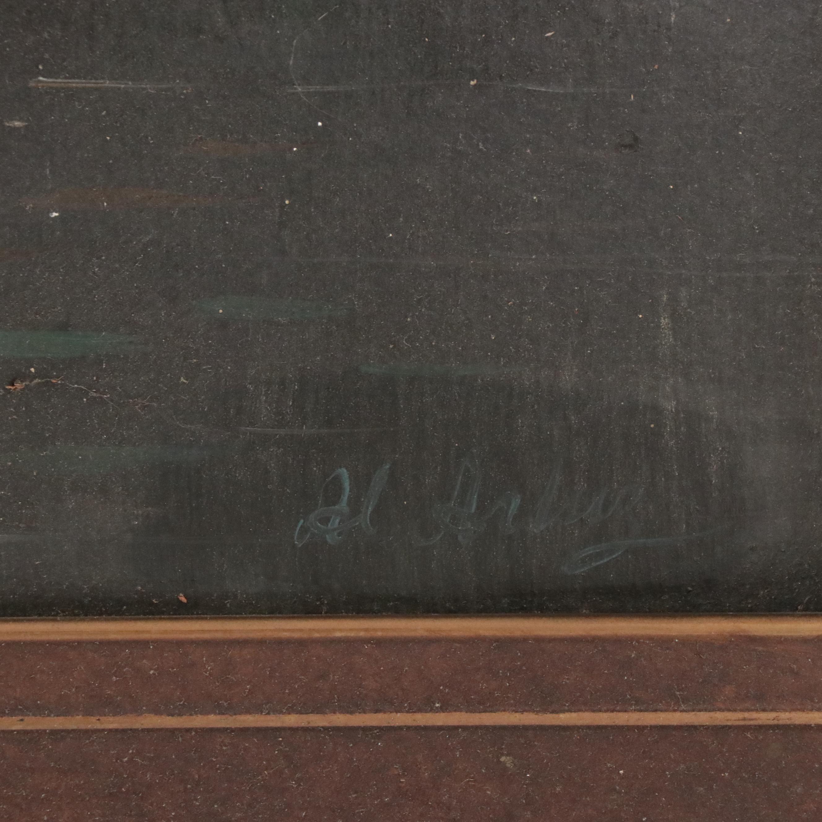 Landscape Oil Painting of Moonlight Night Campfire Scene, Late 20th Century