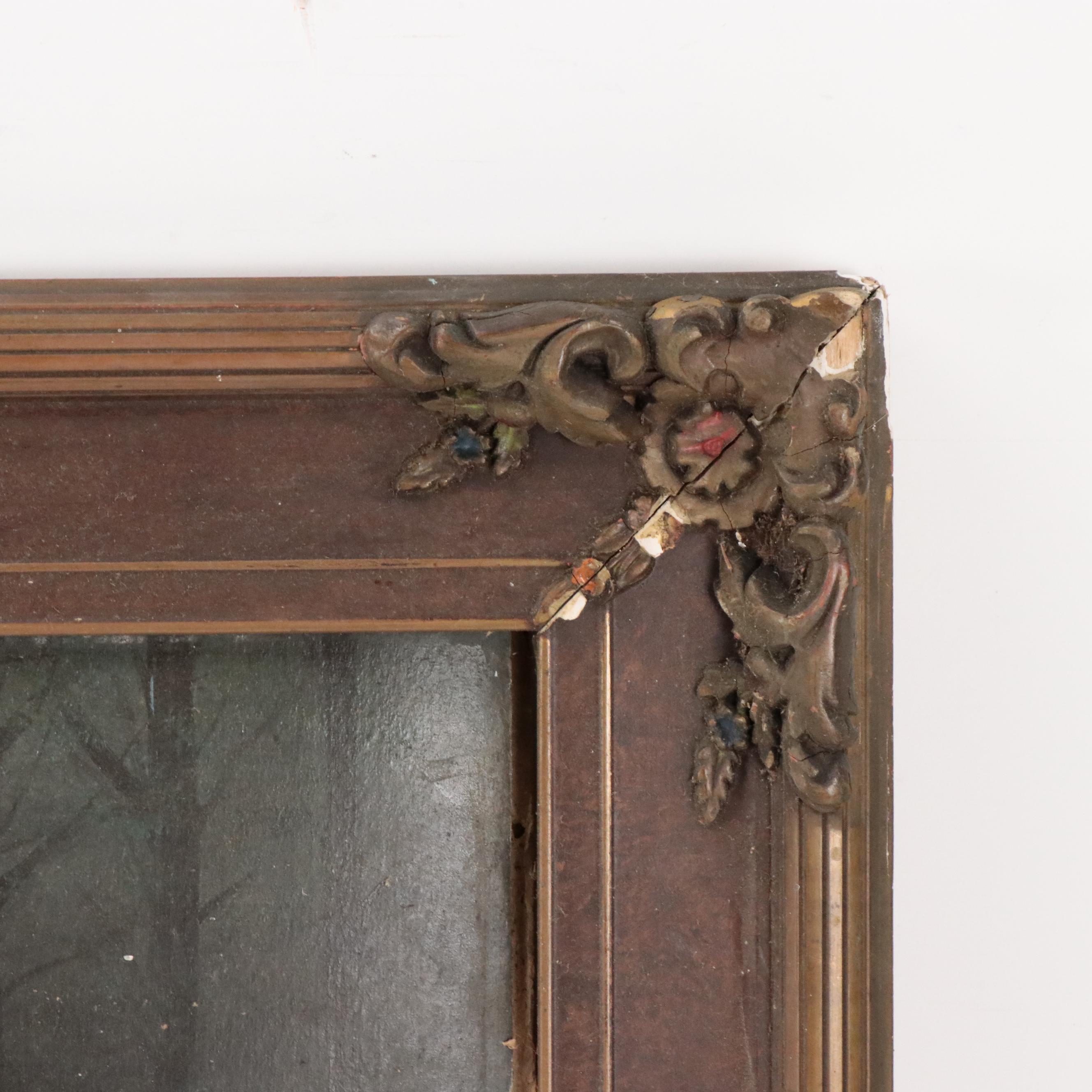 Landscape Oil Painting of Moonlight Night Campfire Scene, Late 20th Century