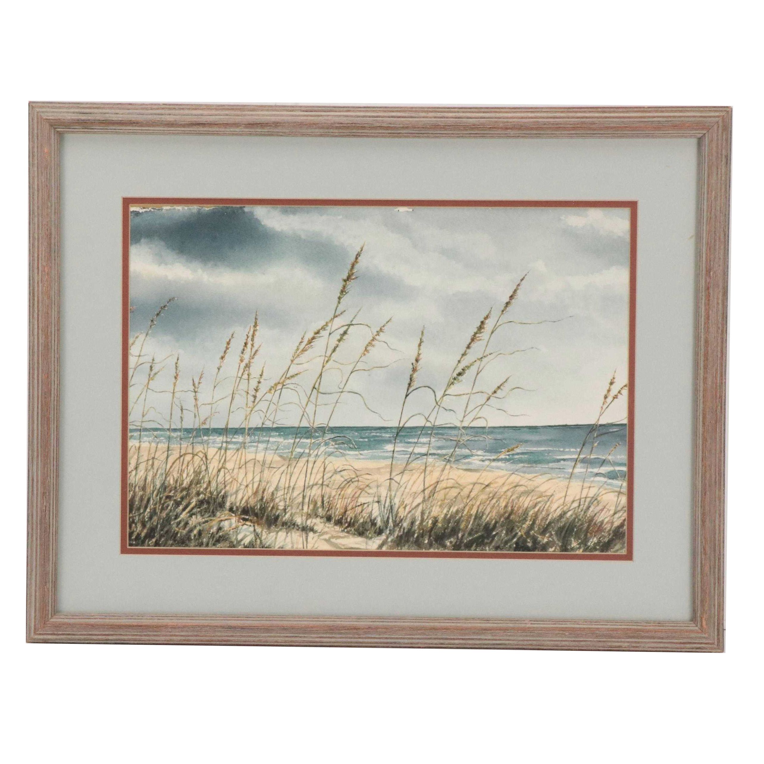 Seascape Watercolor Painting of Beach Reeds, Late 20th Century
