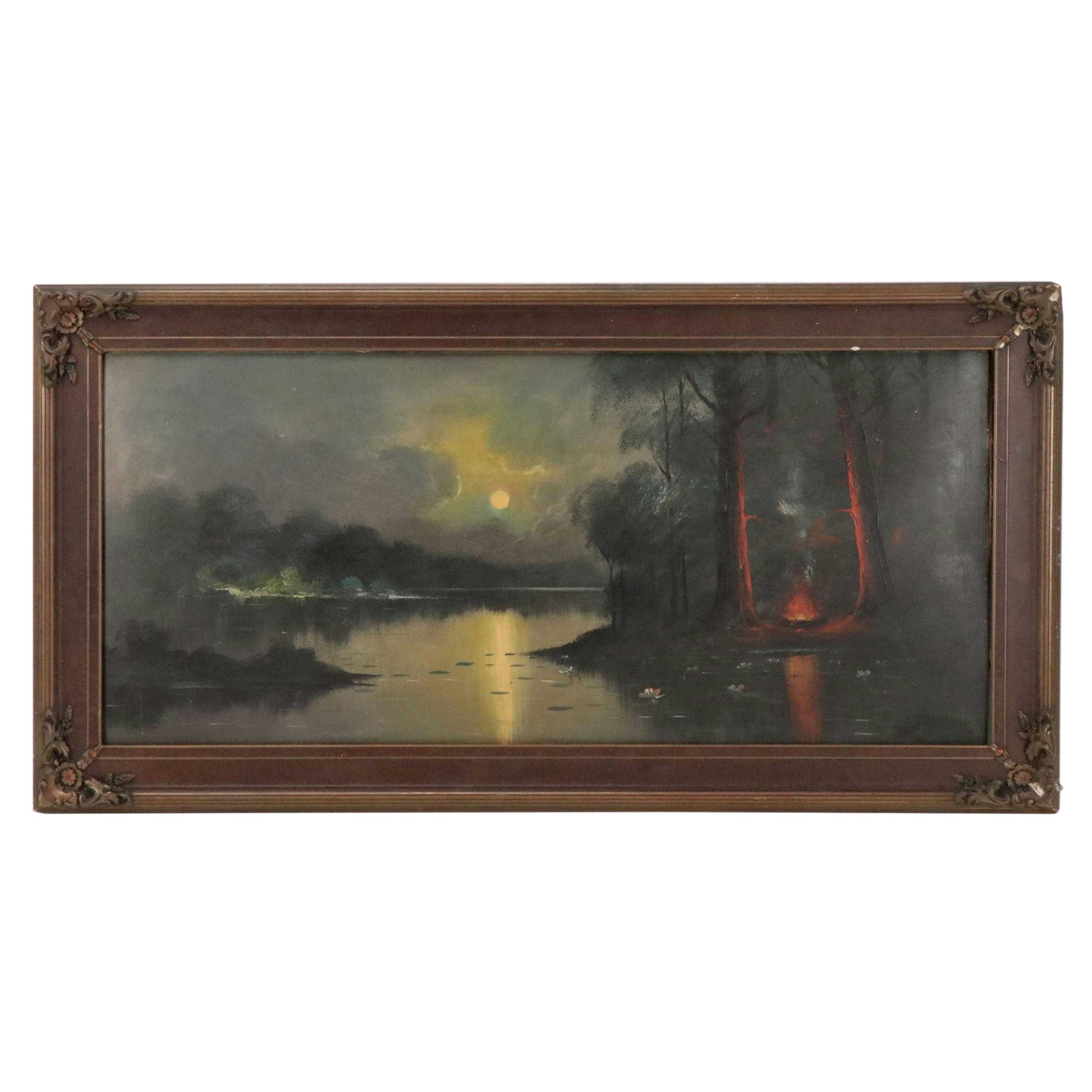 Landscape Oil Painting of Moonlight Night Campfire Scene, Late 20th Century