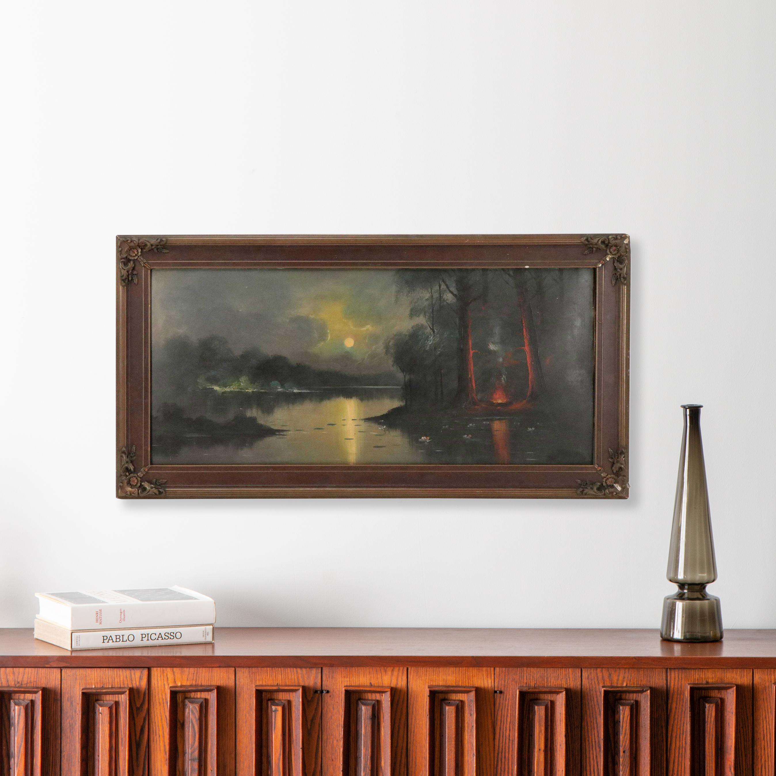 Landscape Oil Painting of Moonlight Night Campfire Scene, Late 20th Century