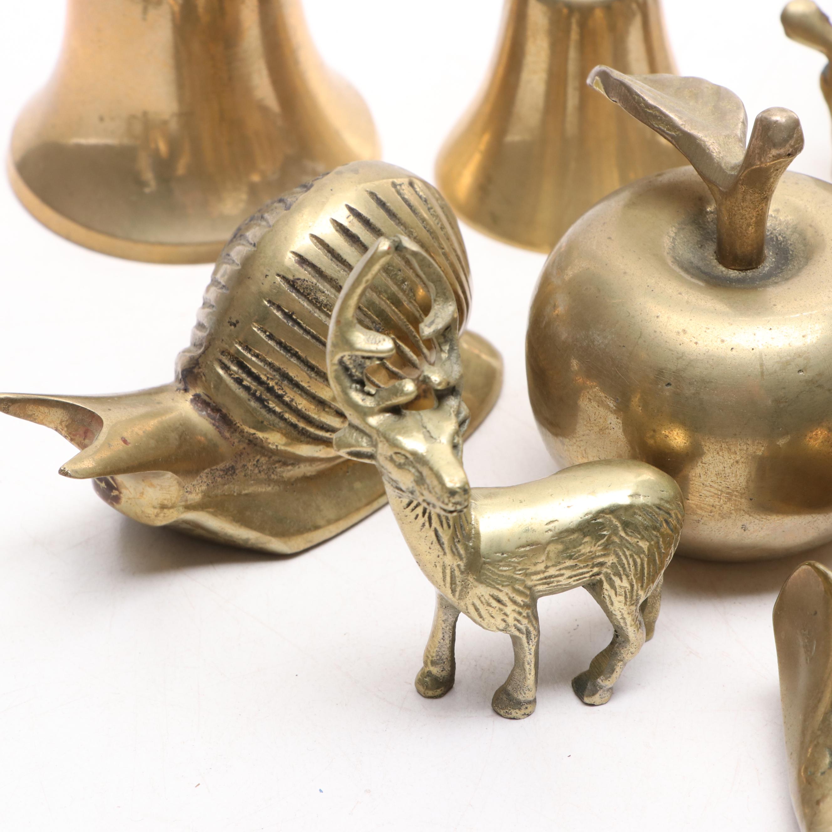 Brass Animal Figurines, Bells and Apple with Metal Trinkets