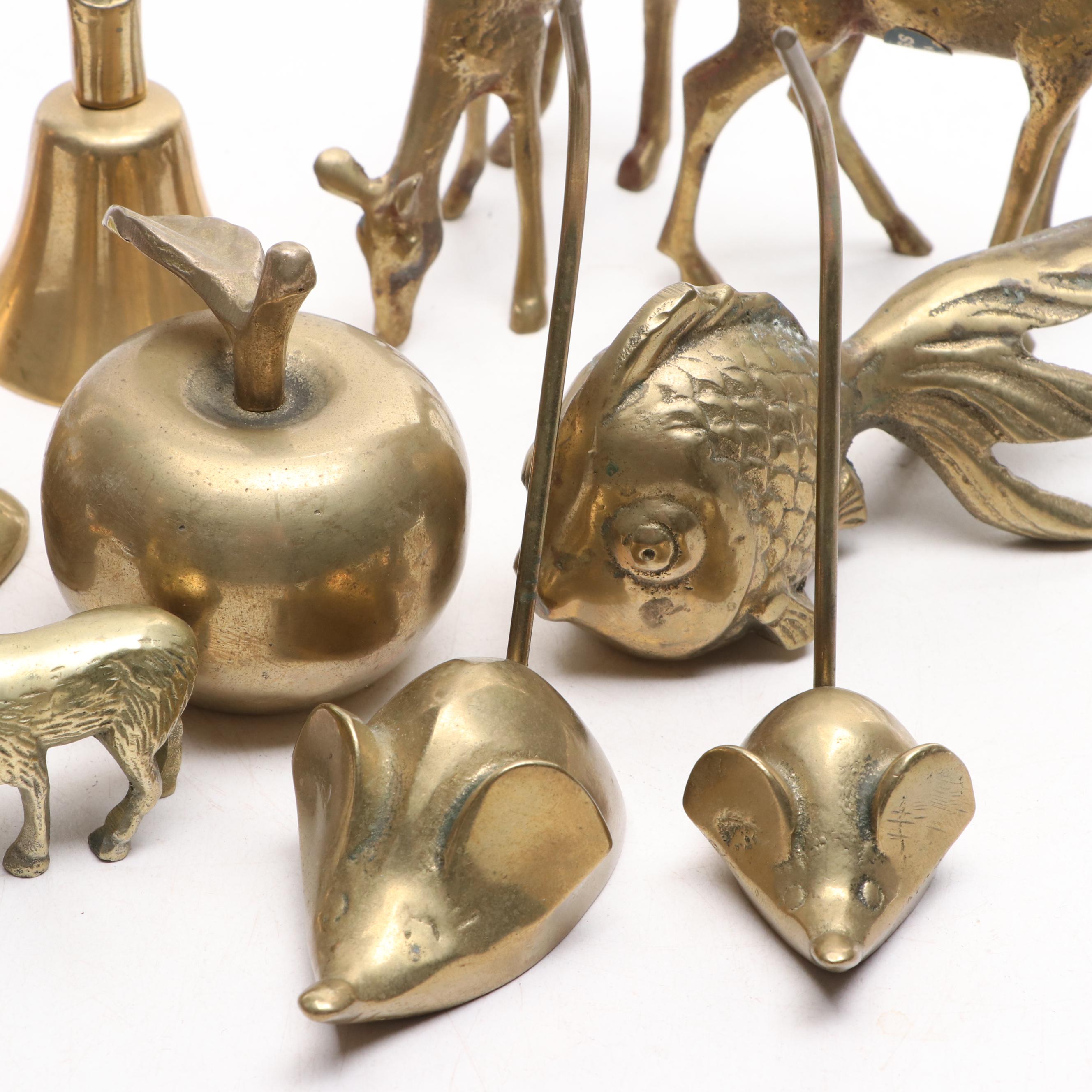 Brass Animal Figurines, Bells and Apple with Metal Trinkets