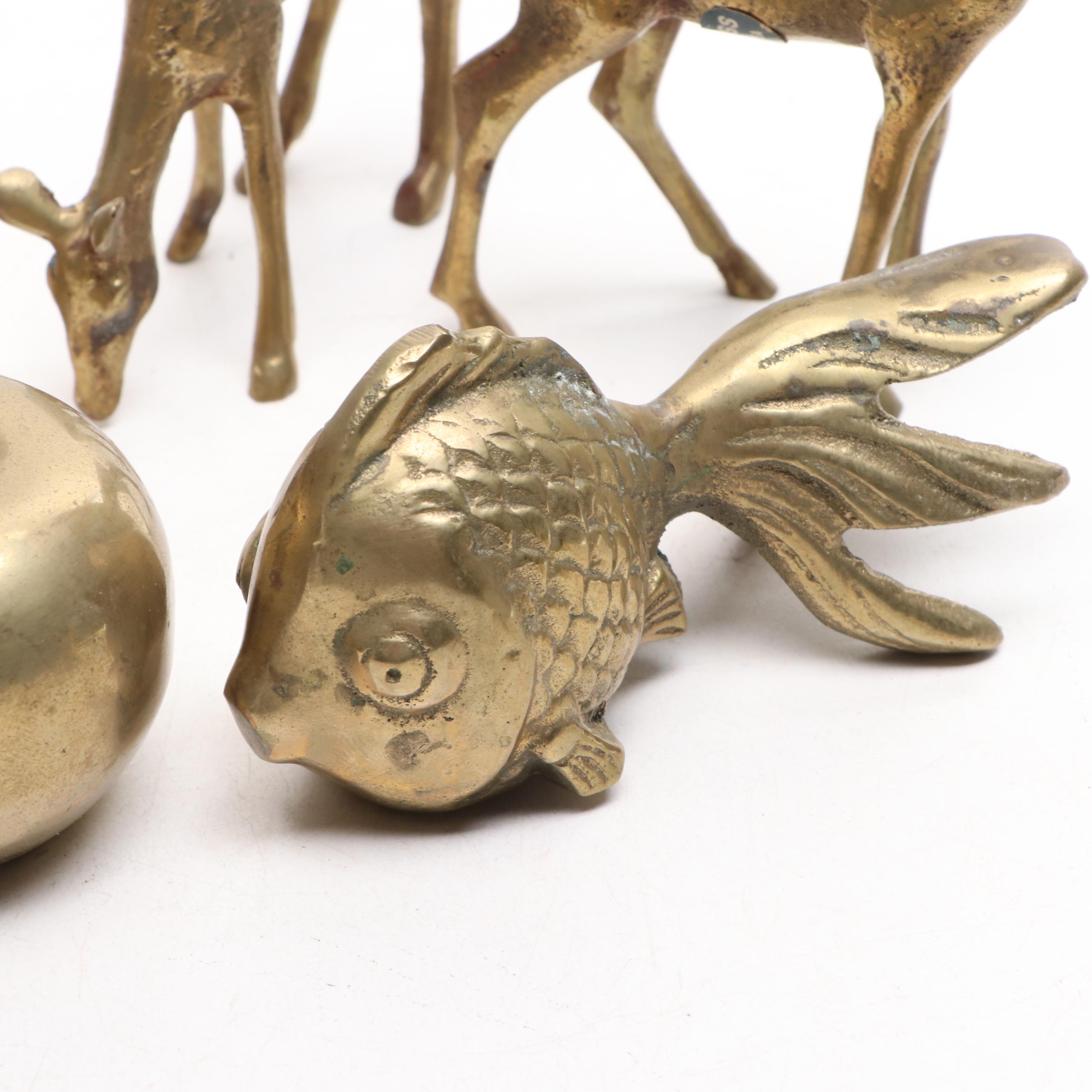 Brass Animal Figurines, Bells and Apple with Metal Trinkets